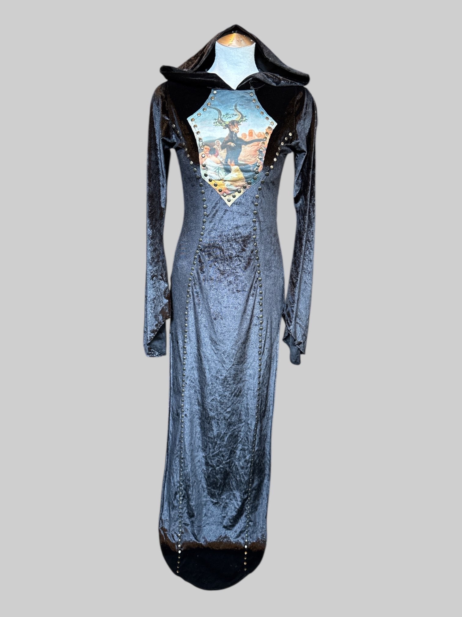 S Toxic vision red label black velvet long sleeve dress with metal studying and goat man patch