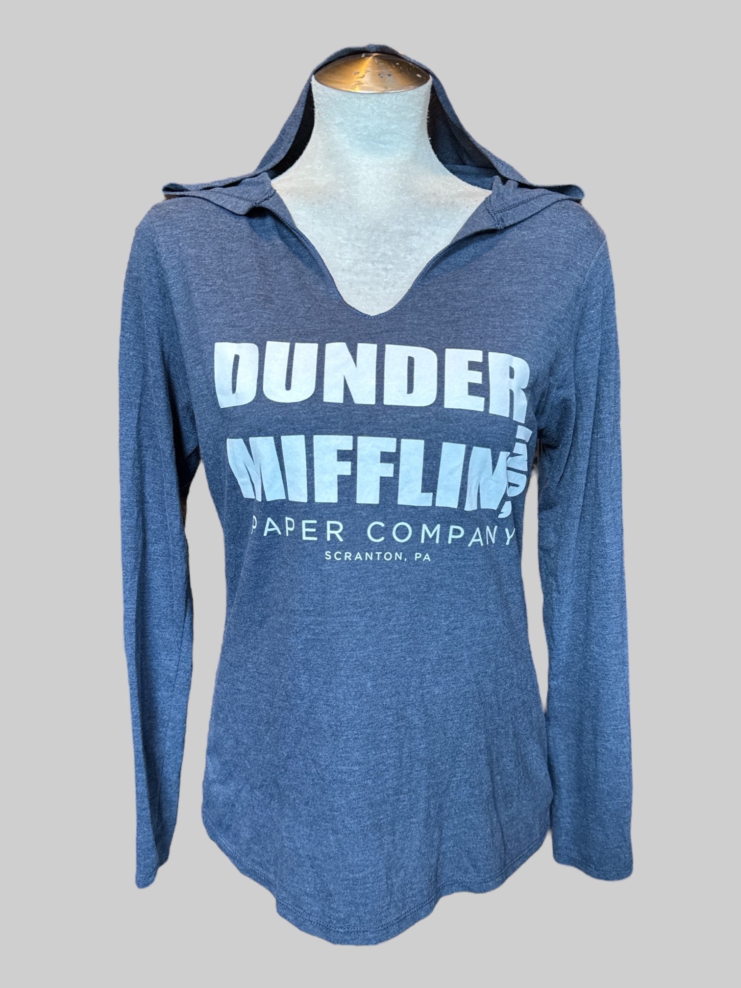 L Heathered blue long sleeve pullover hoodie with “Dunder Mifflin” logo