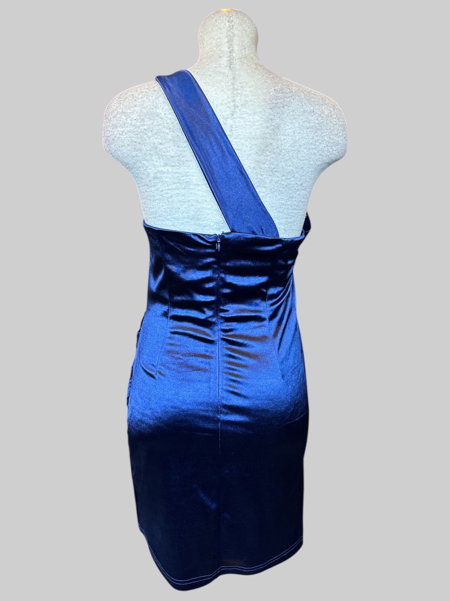 L Blue satin-like sleeveless dress with cross strap and zipper on back
