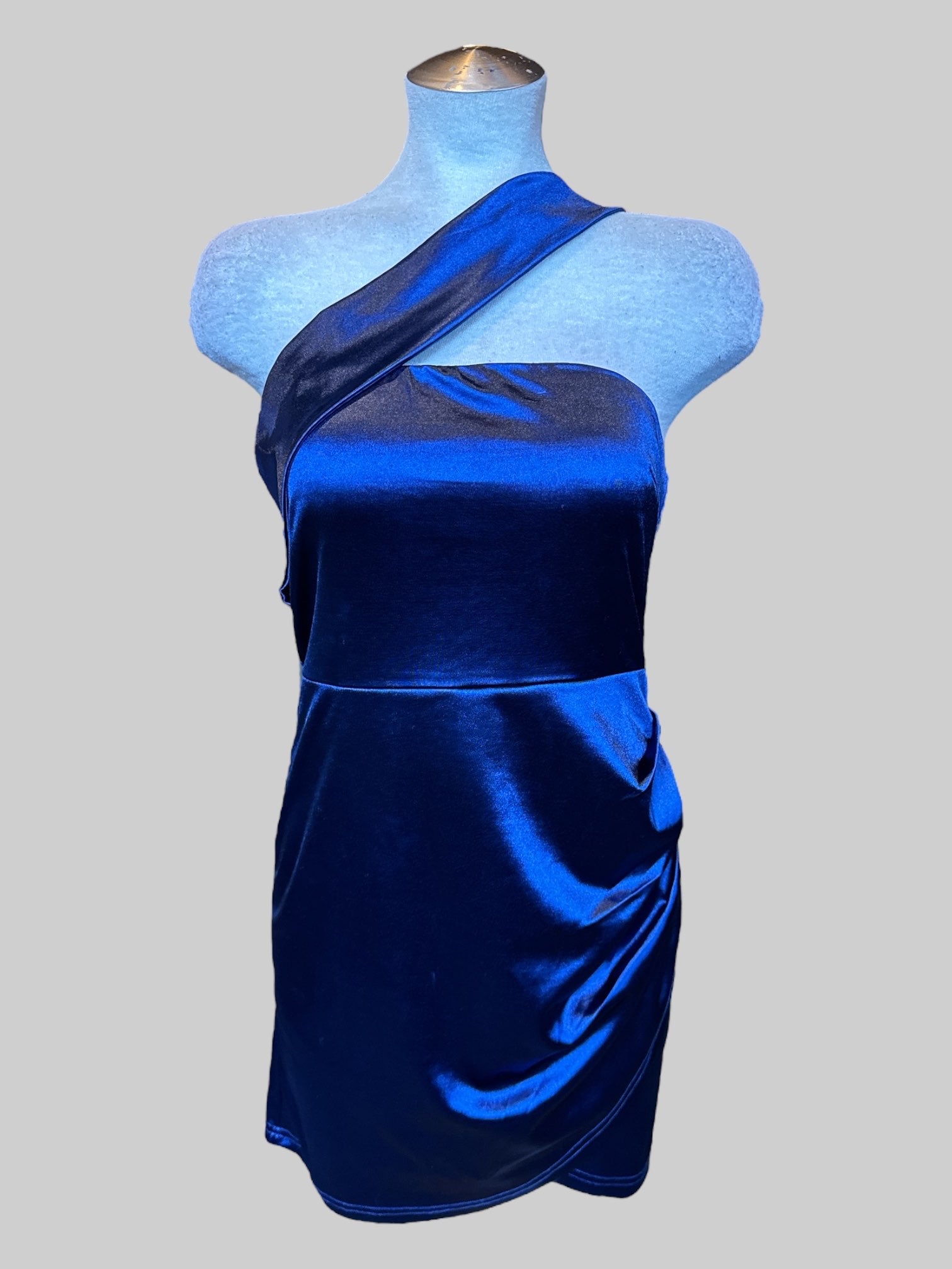L Blue satin-like sleeveless dress with cross strap and zipper on back