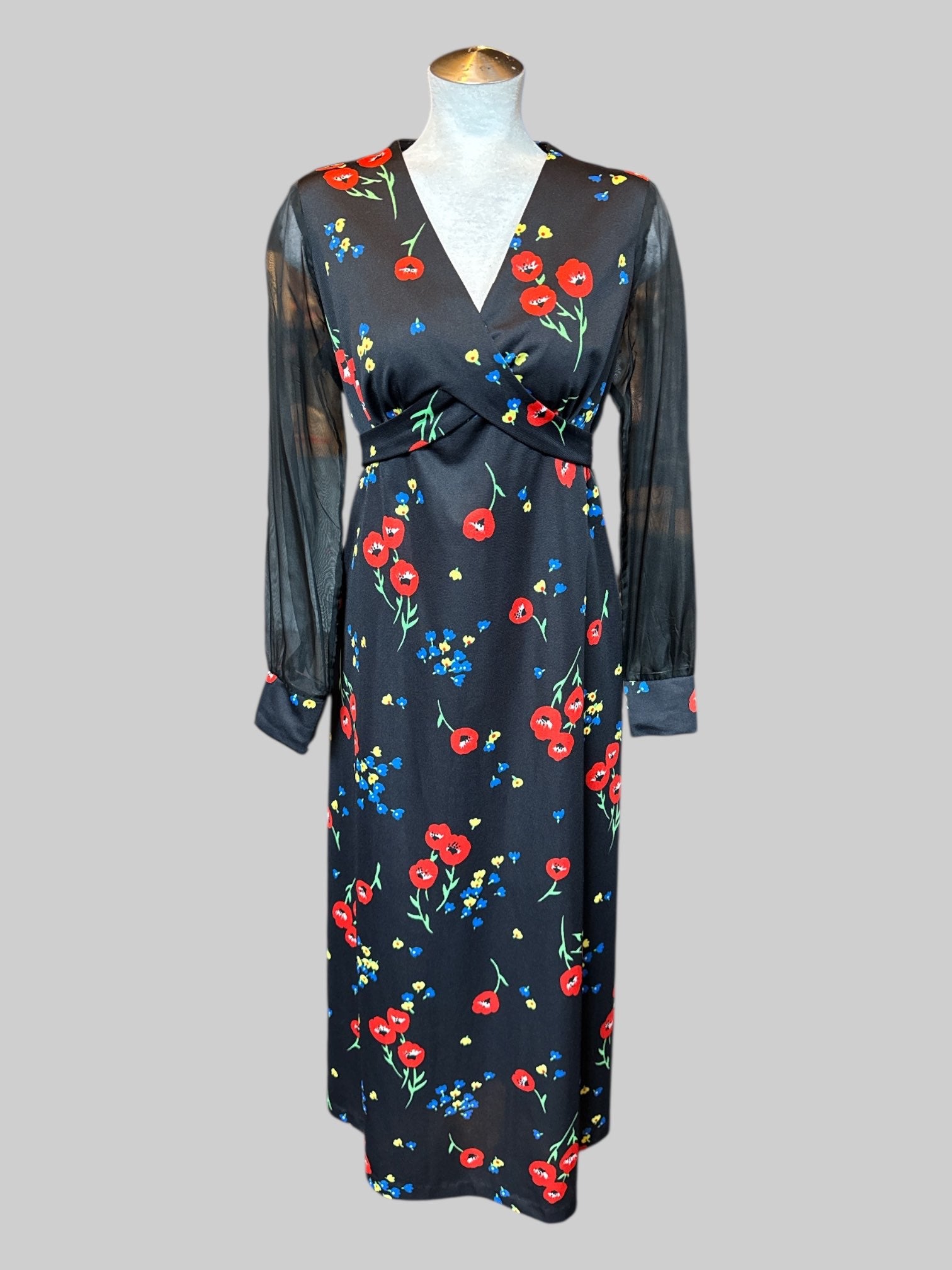 L Black full wrap dress with long mesh sleeves and multicolor floral design
