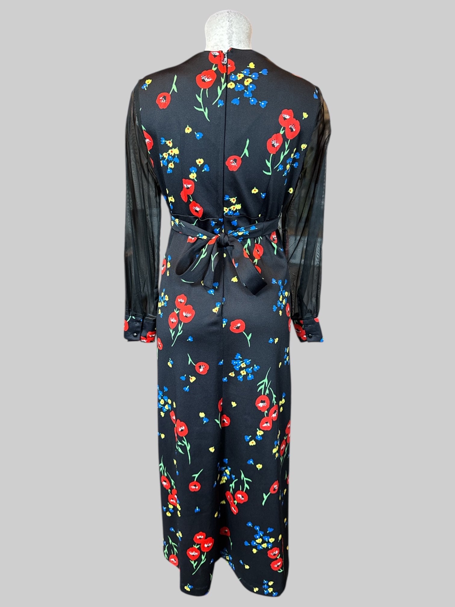 L Black full wrap dress with long mesh sleeves and multicolor floral design