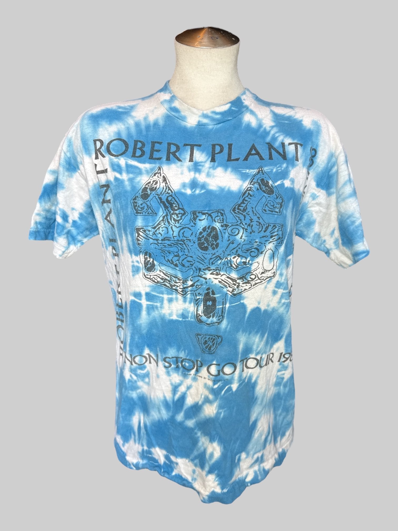 L Rare vintage white and light blue tie-dye “Robert Plant Non Stop Go tour 1988” tee