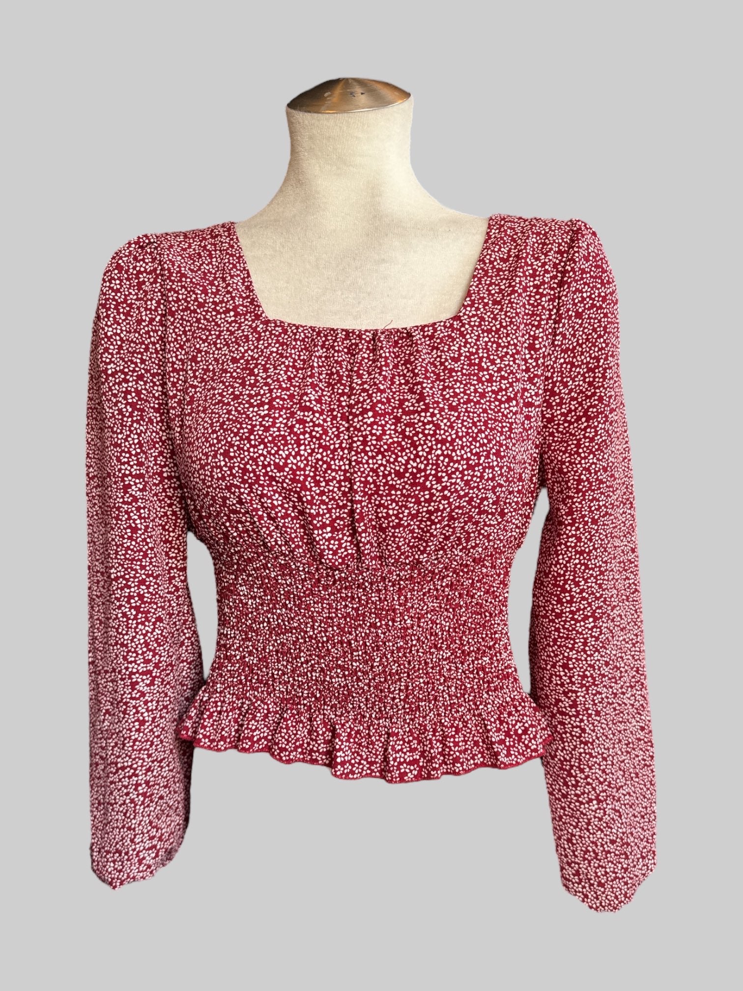 M Red floral top with shirred bodice and balloon sleeves