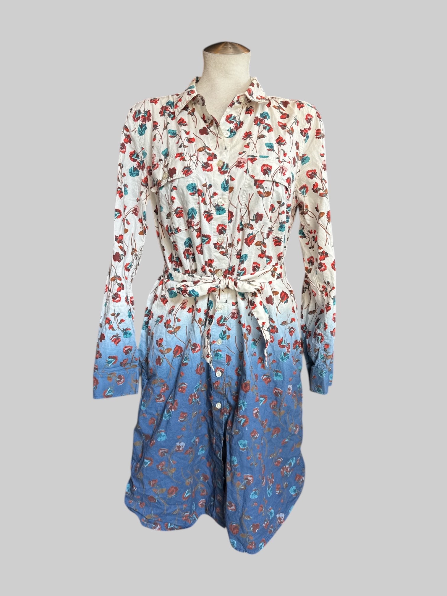 XL White and blue floral dip dyed button down dress with tie belt