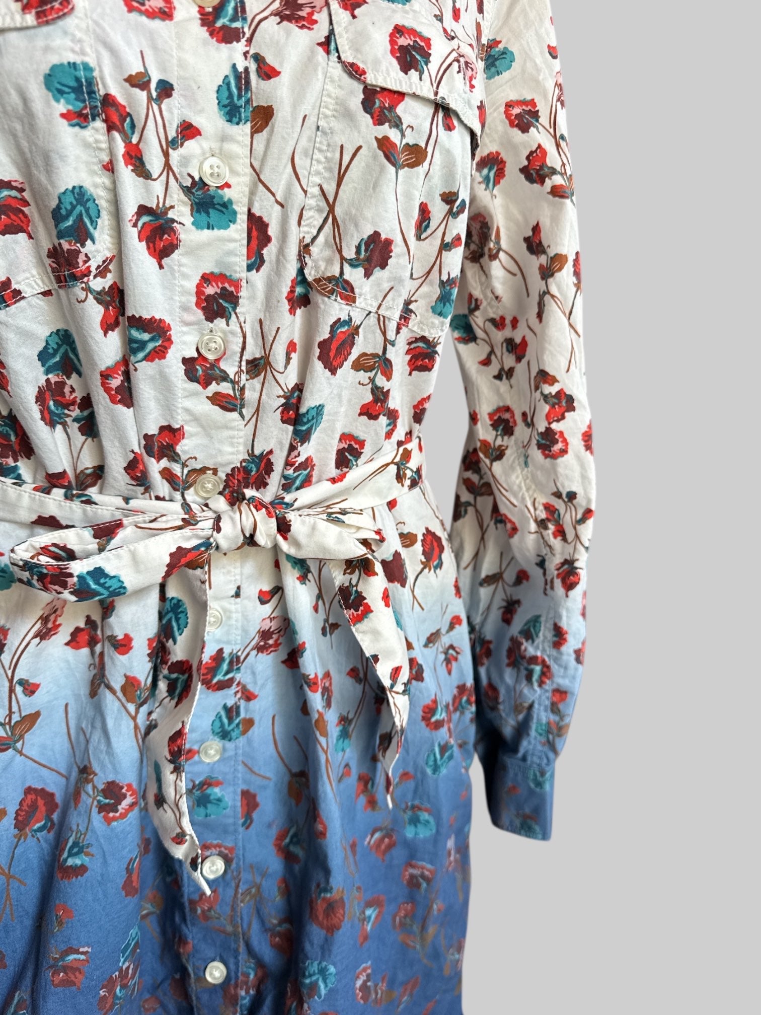 XL White and blue floral dip dyed button down dress with tie belt