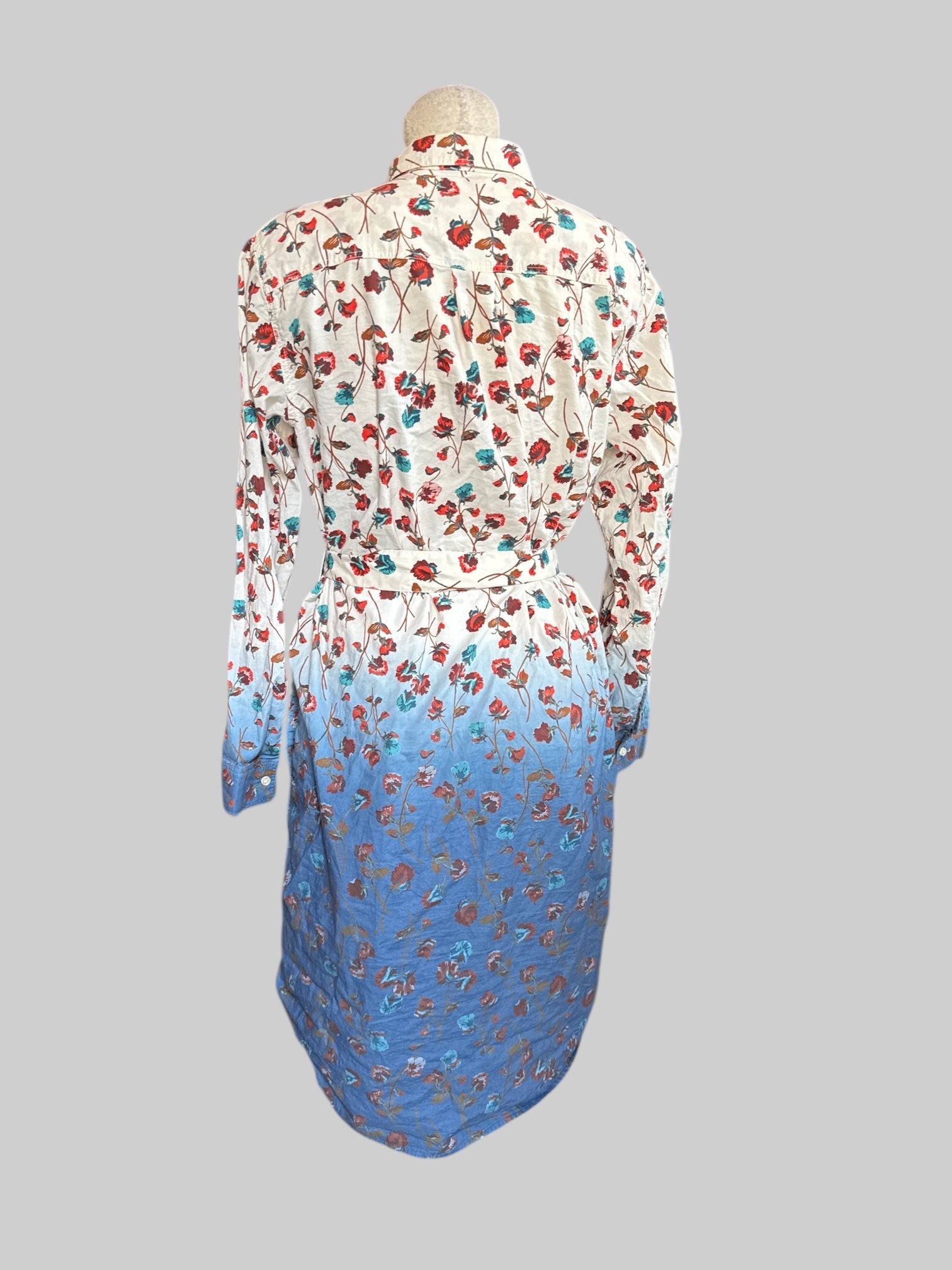 XL White and blue floral dip dyed button down dress with tie belt