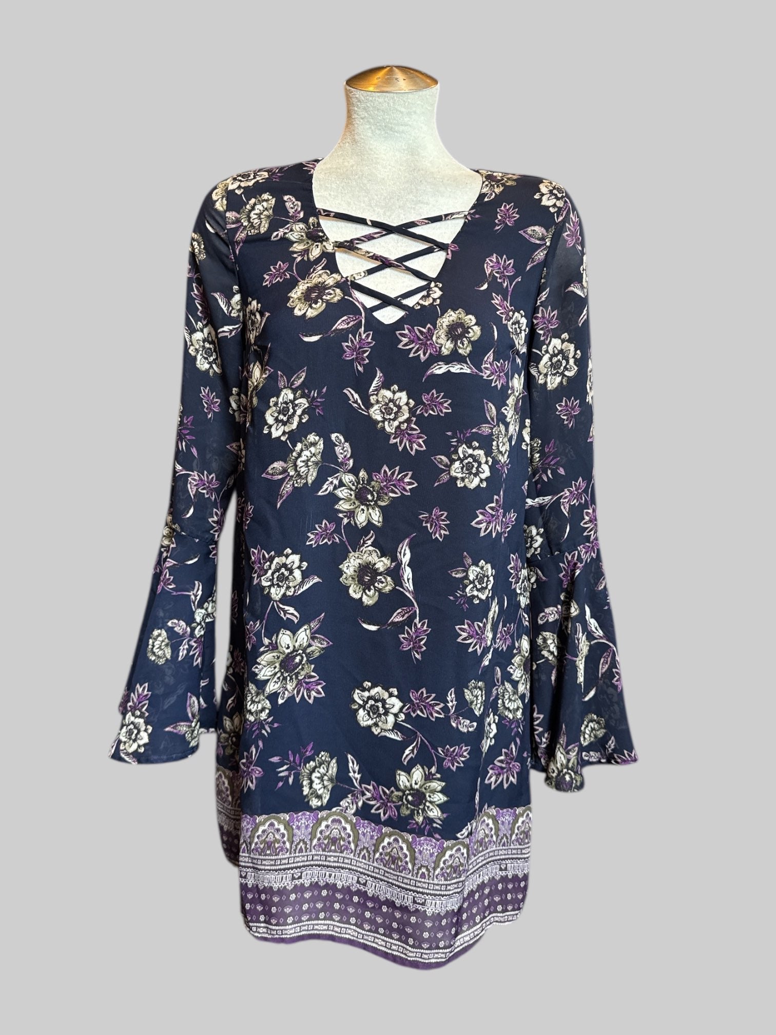 M Blue floral floaty dress with lace chest and bell sleeves