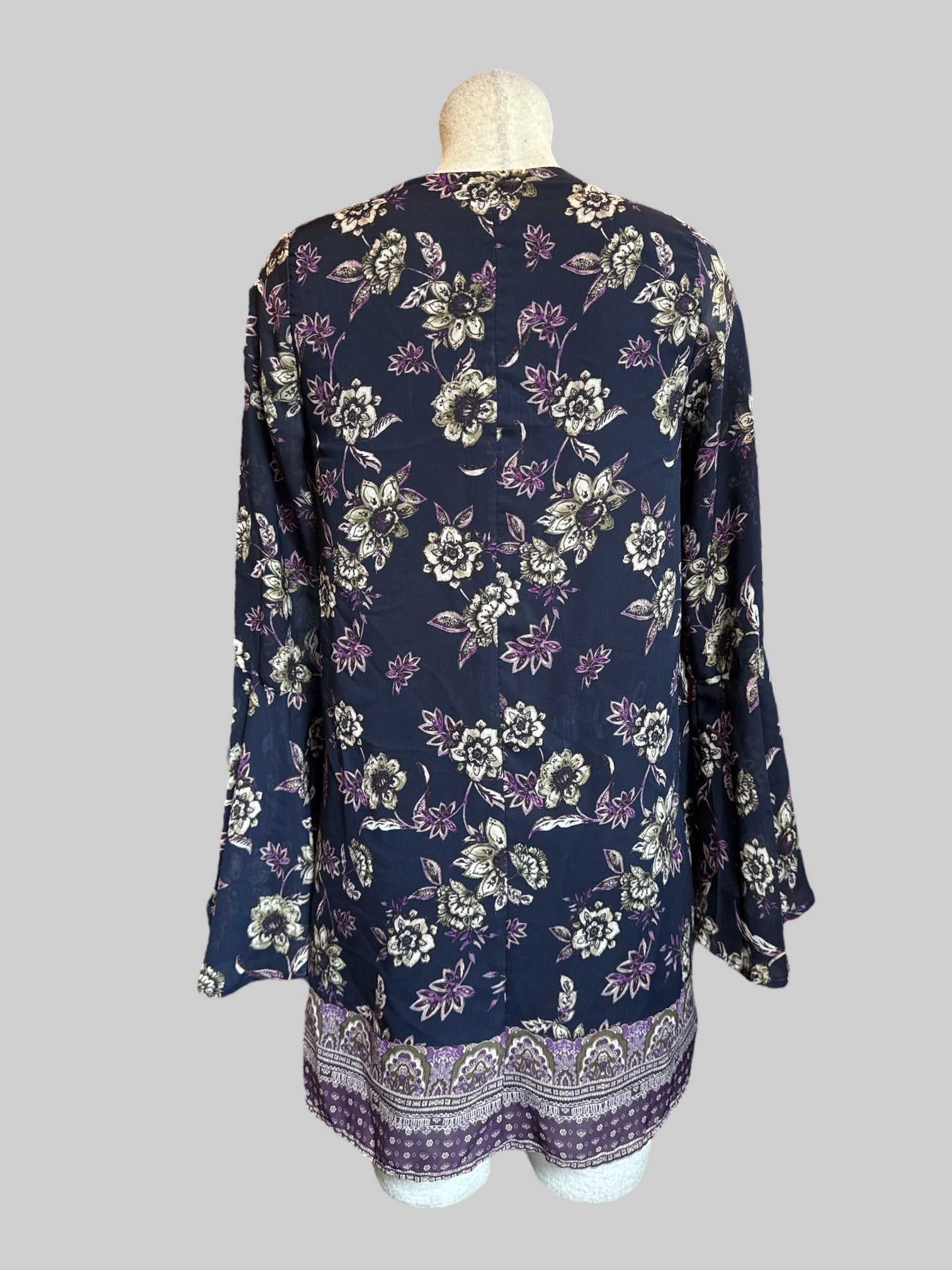 M Blue floral floaty dress with lace chest and bell sleeves