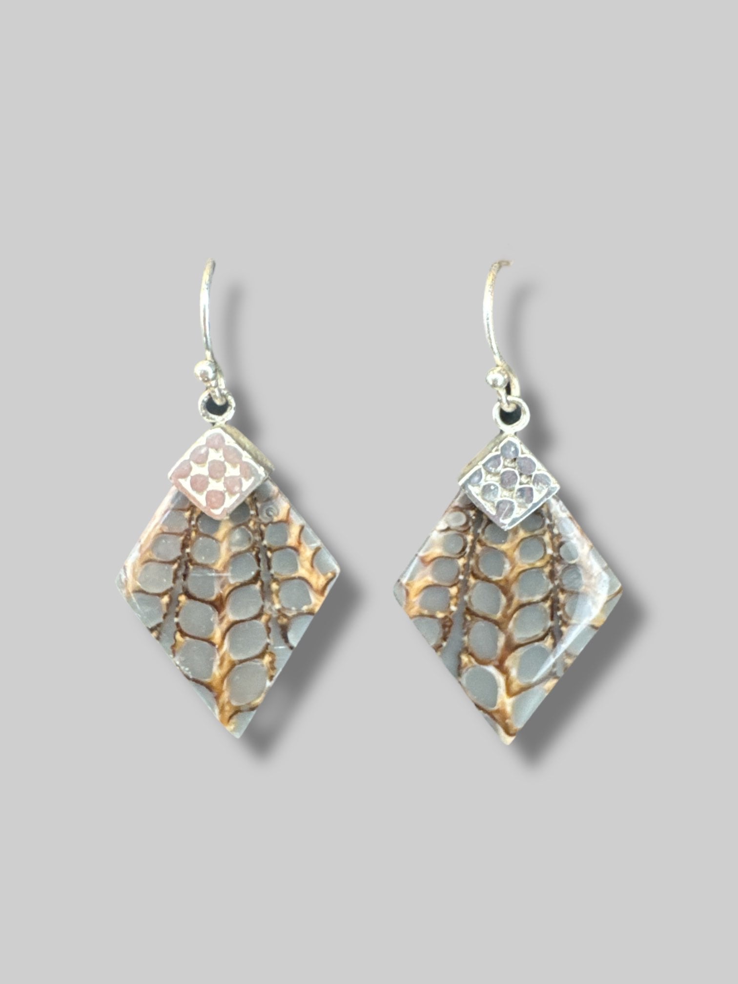 Silver tone diamond shaped gem earrings