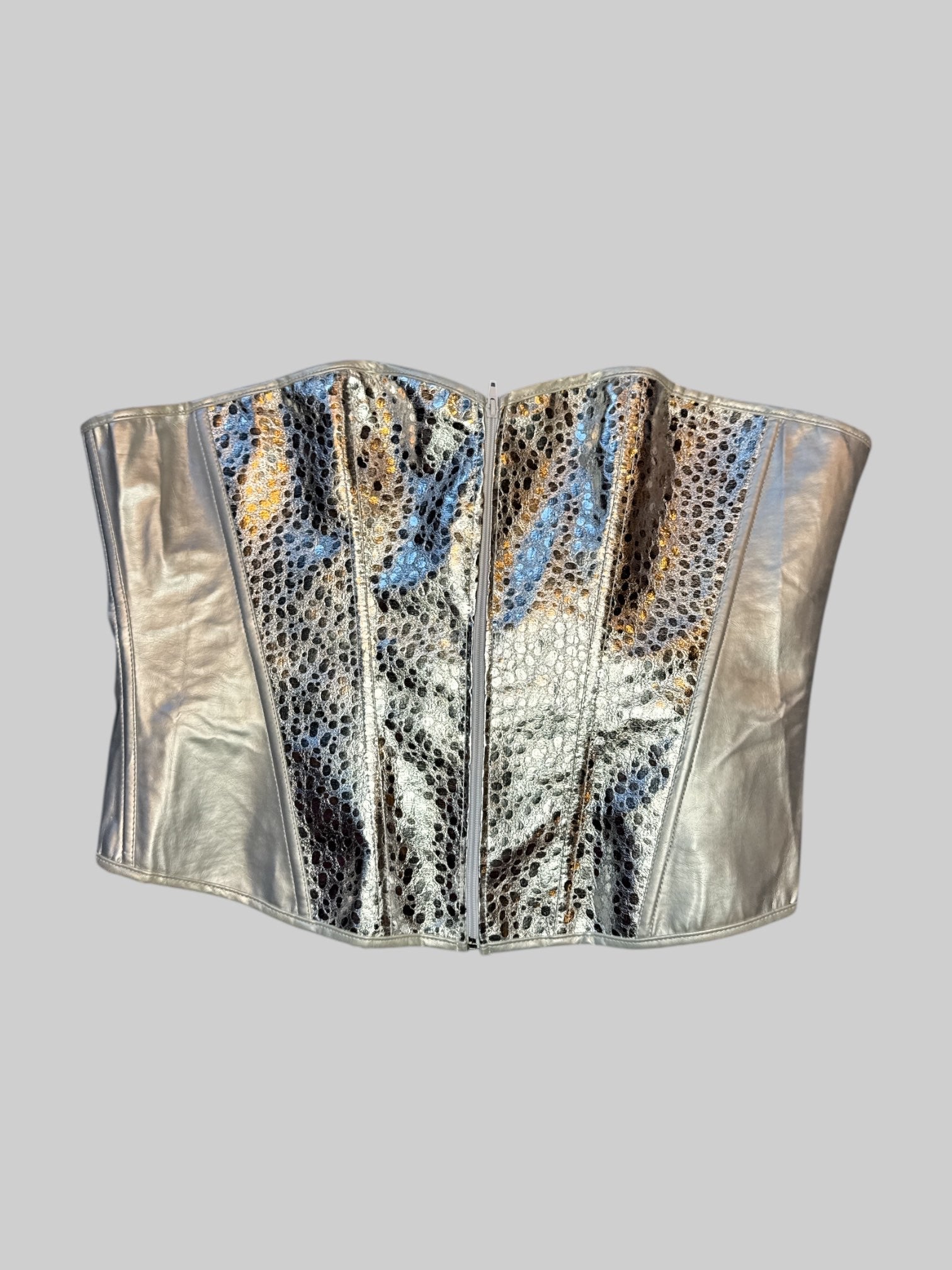 0X Silver zip up corset with mixed texture