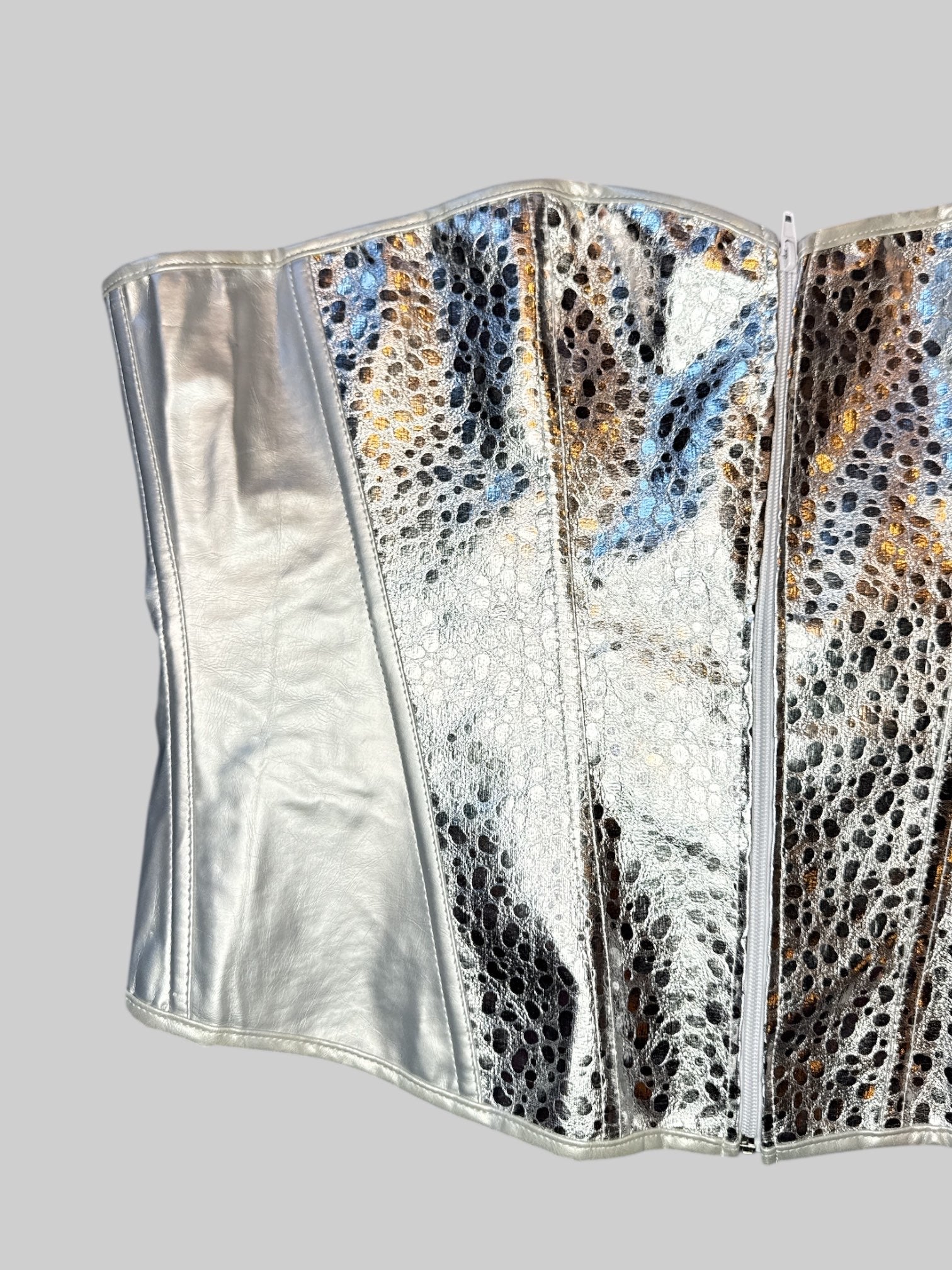 0X Silver zip up corset with mixed texture