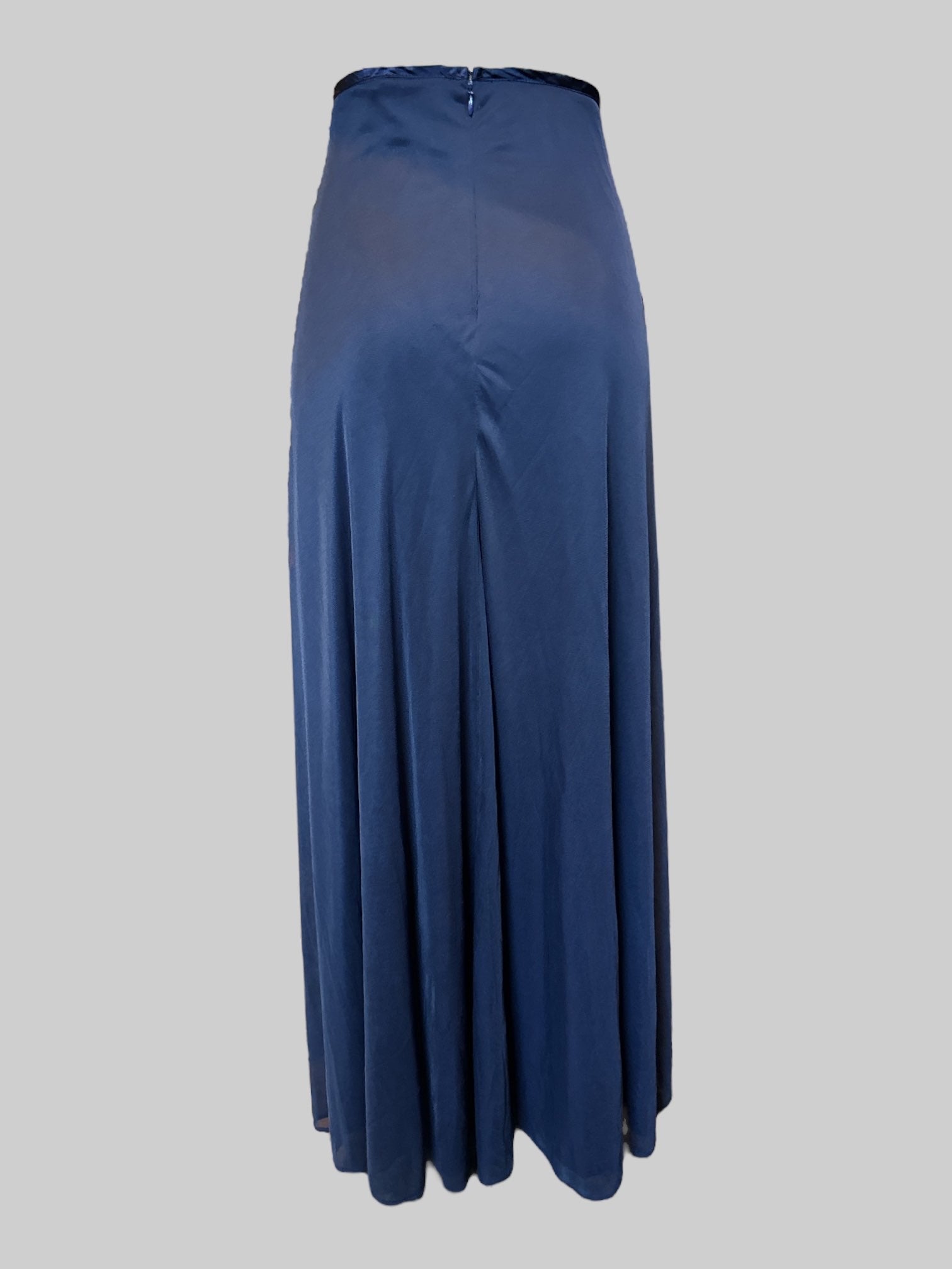 1X Navy blue long skirt with mesh overlay and zipper on back