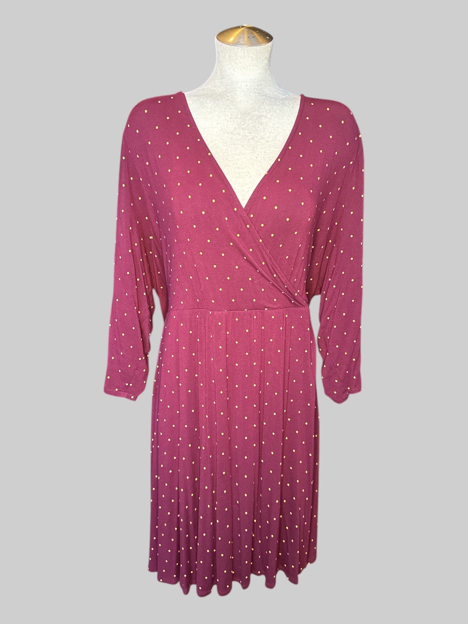 4X Maroon long sleeve faux wrap dress with yellow polkadots