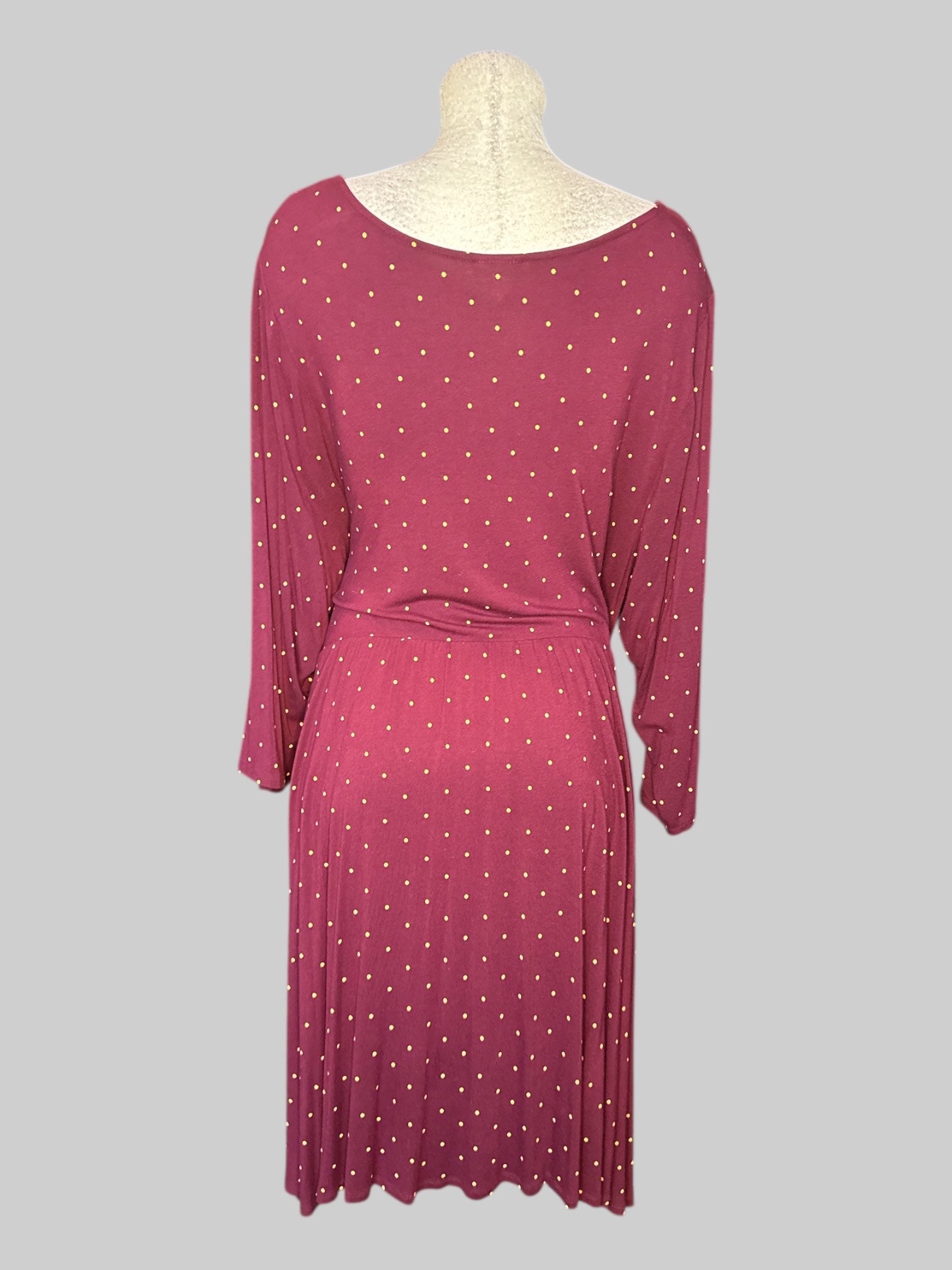 4X Maroon long sleeve faux wrap dress with yellow polkadots