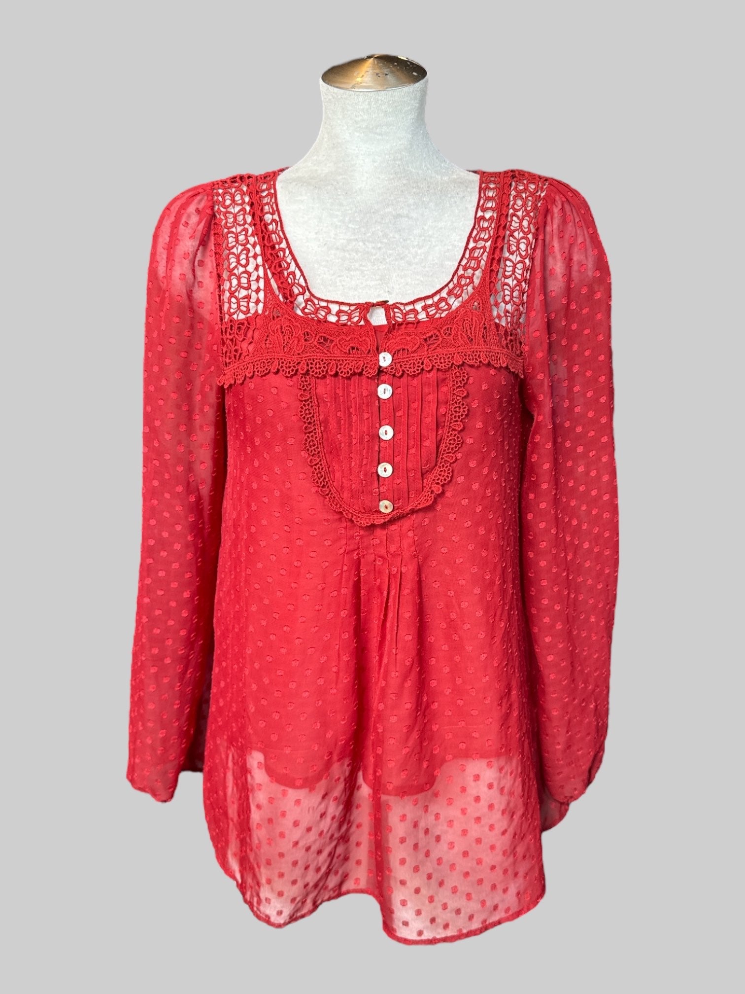 M Red long sleeve top with attached tank top, polkadots, lace detail on neckline, and balloon sleeves