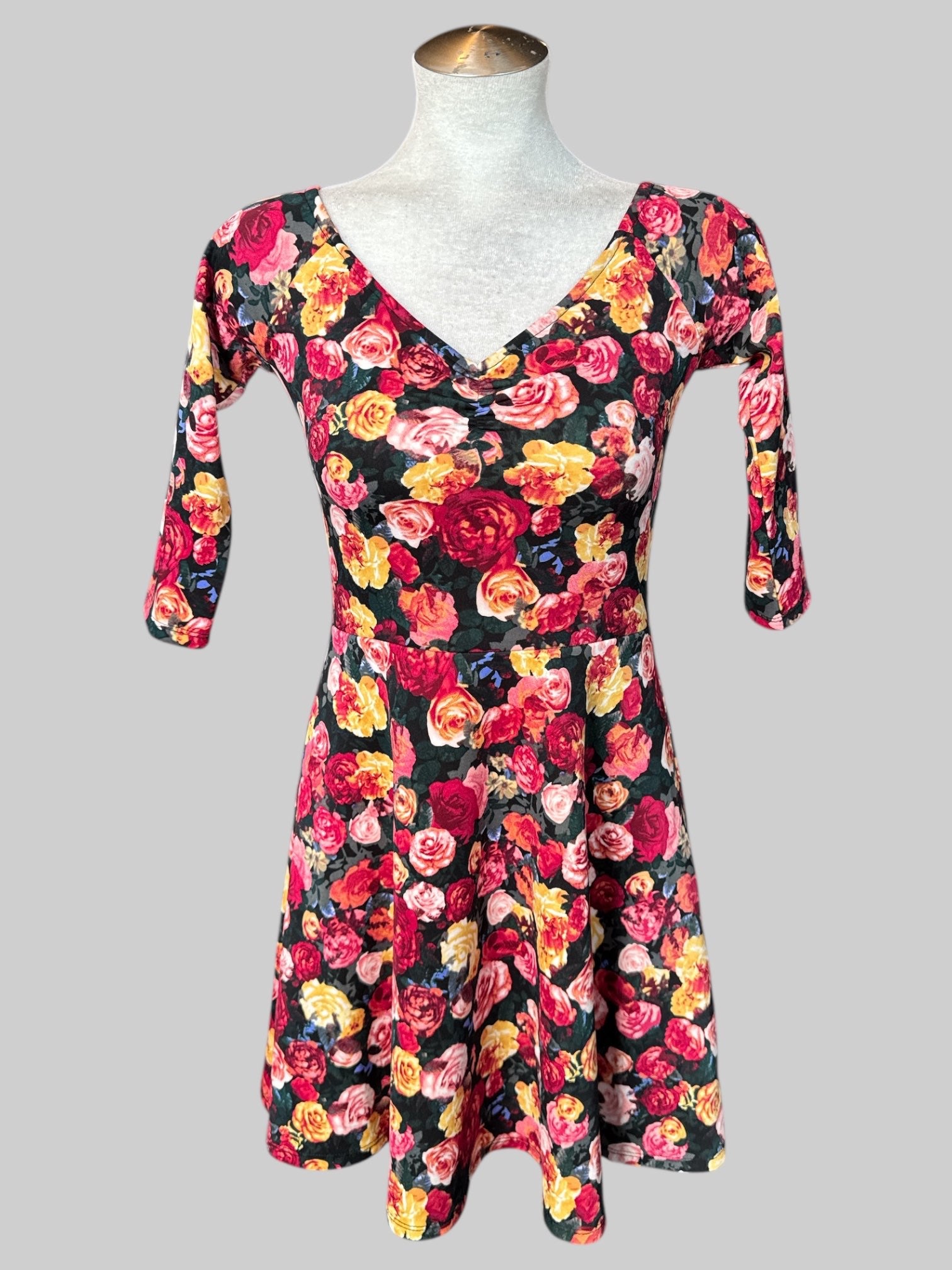 M Black half sleeve floral dress with flared bottom and square back line