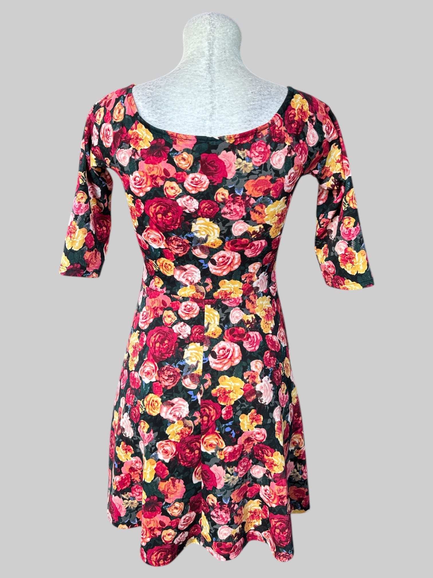 M Black half sleeve floral dress with flared bottom and square back line
