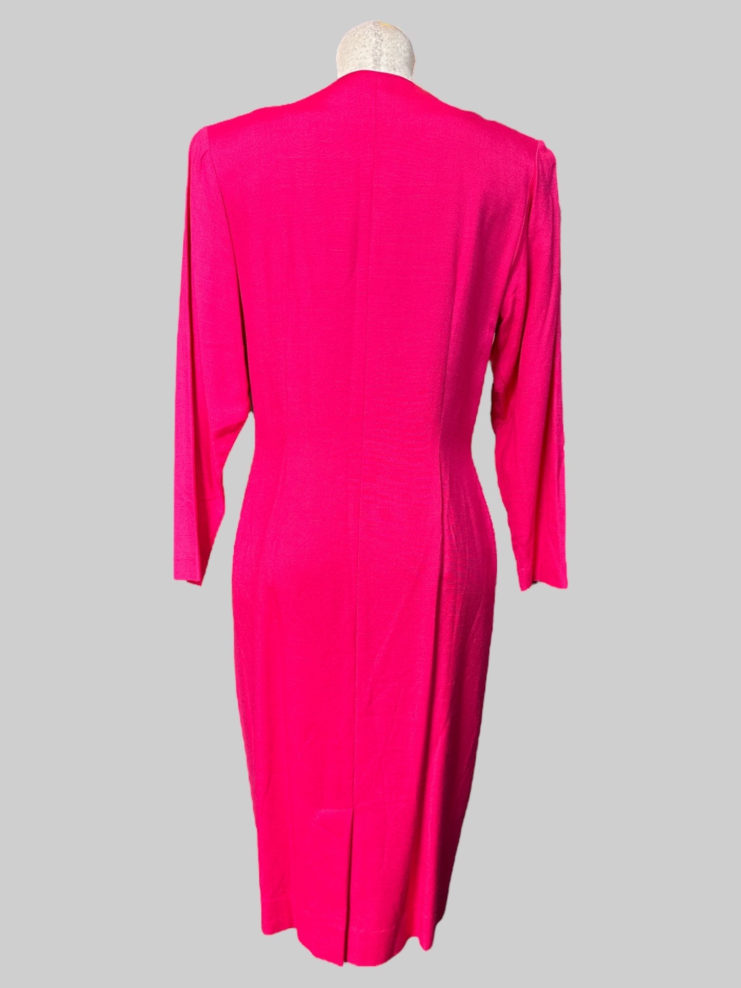 M Vintage hot pink long sleeve dress with buttons on front and shoulder pads
