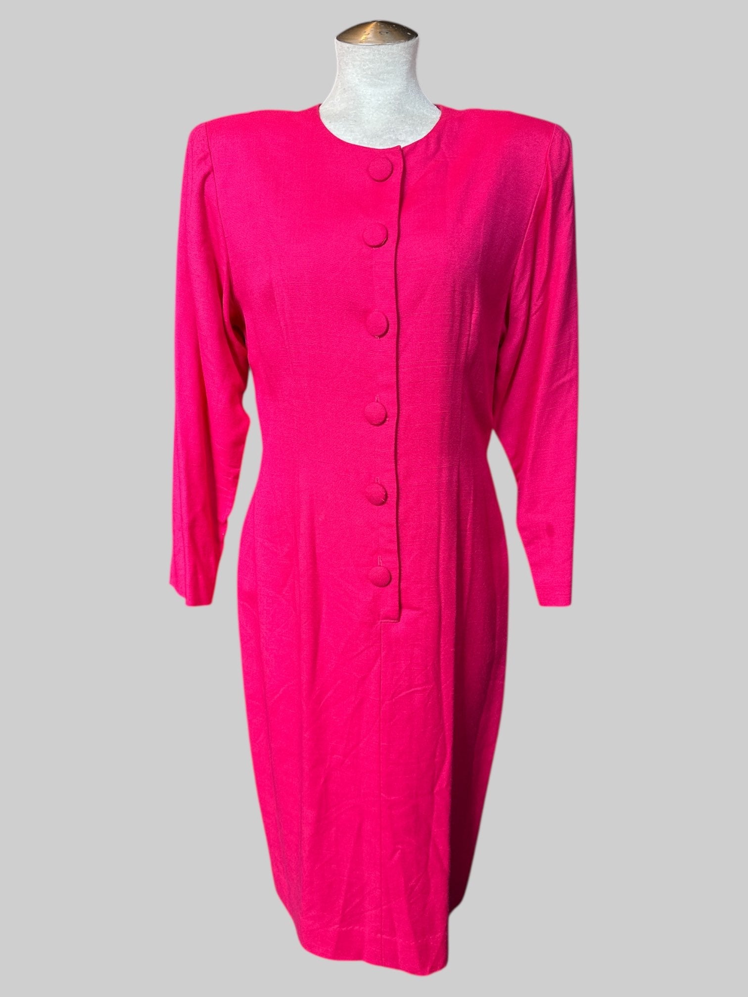 M Vintage hot pink long sleeve dress with buttons on front and shoulder pads