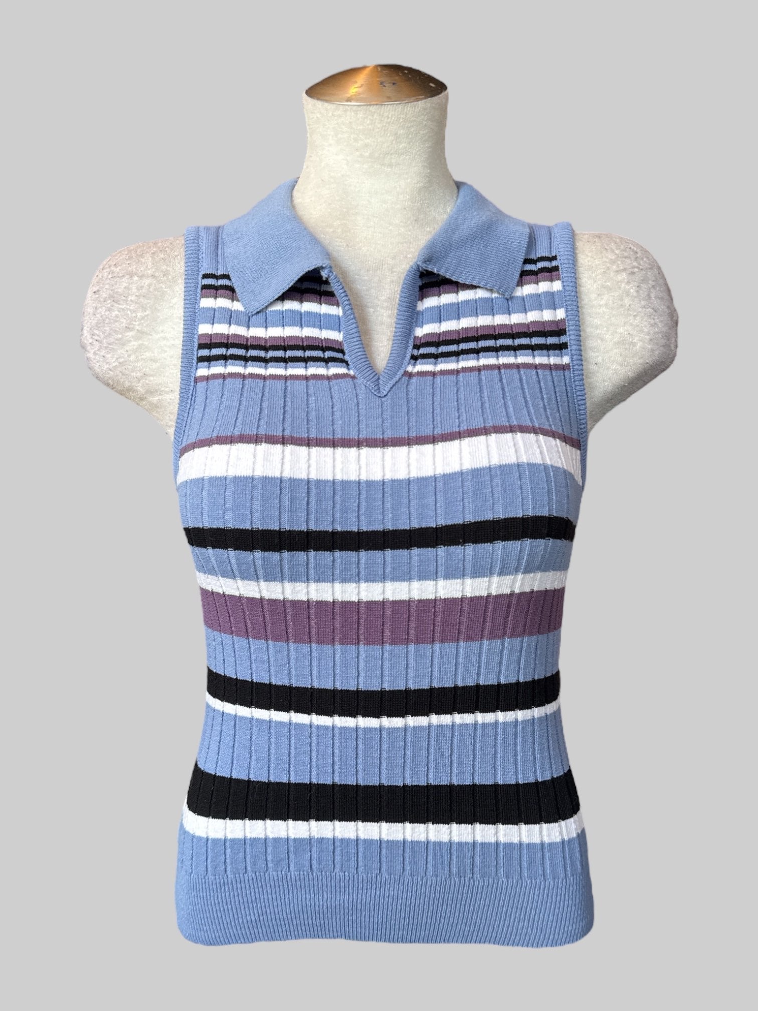 L Vintage shades of purple sleeveless knit crop top with ribbed texture and collar