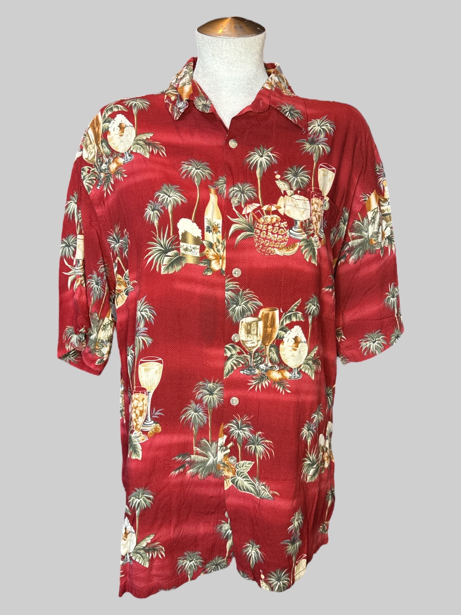 XL Vintage red flowy short sleeve button down top with pocket and tropical drink print