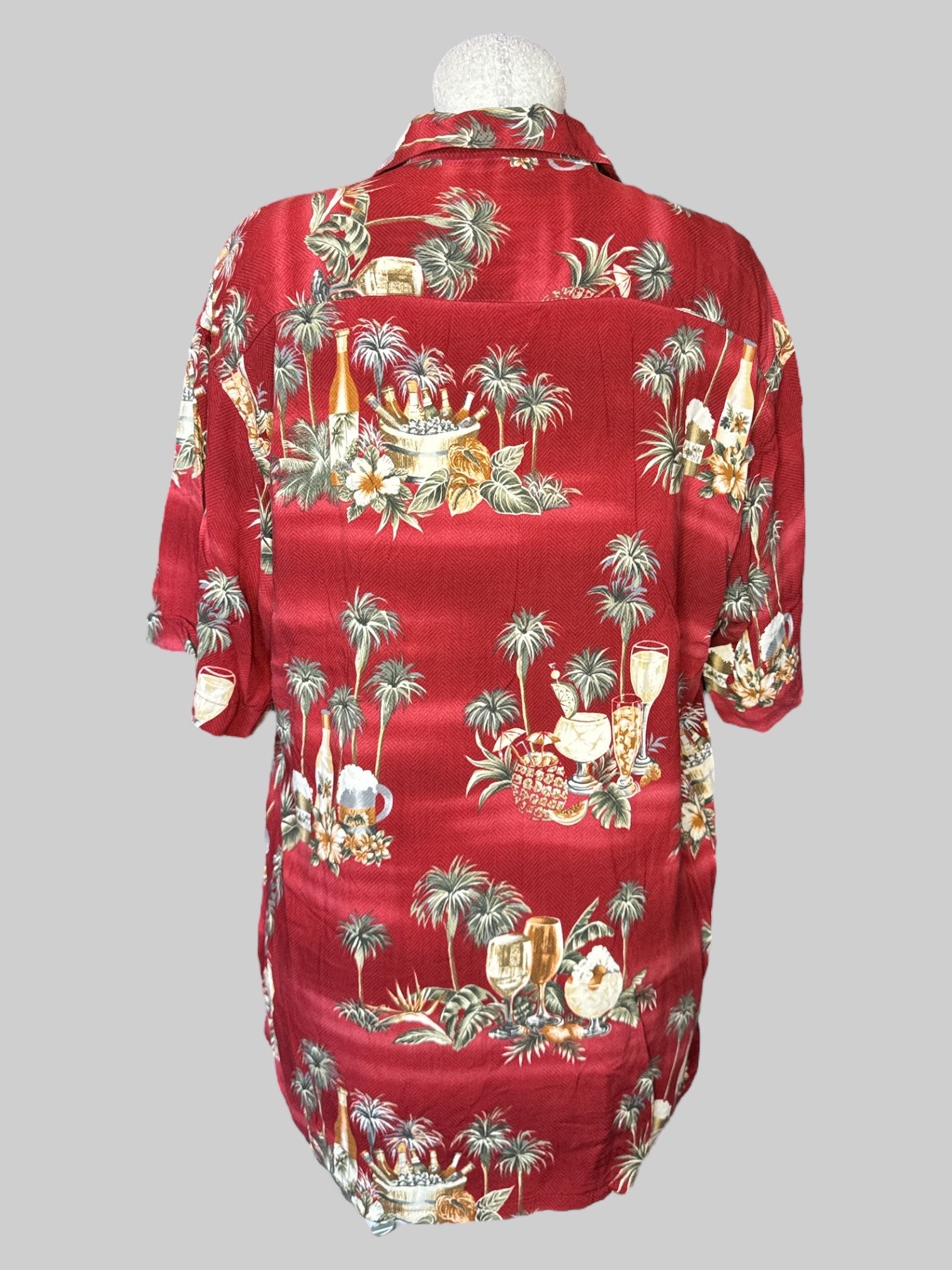 XL Vintage red flowy short sleeve button down top with pocket and tropical drink print