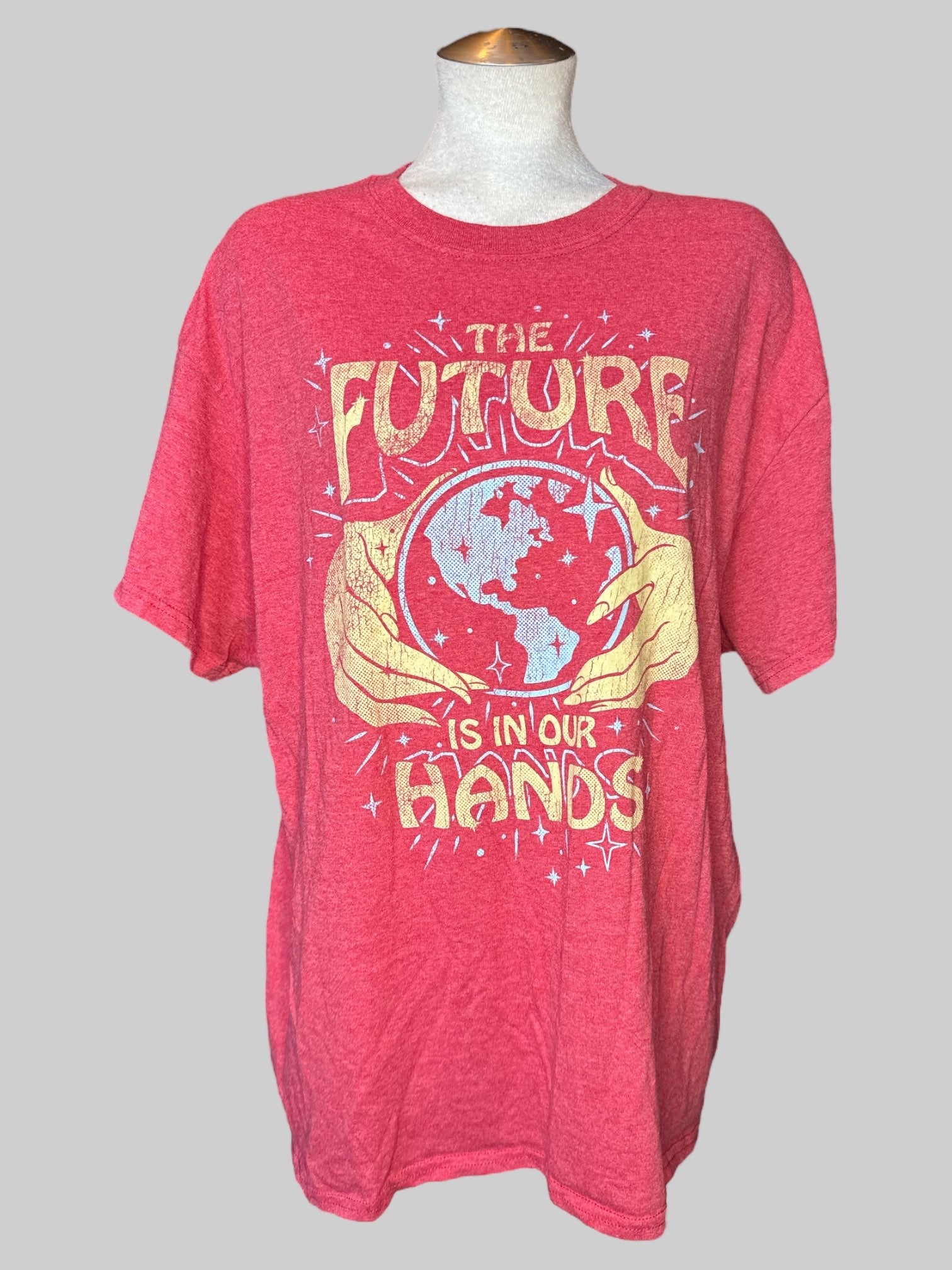 0X Heathered red tee with “The future is in our hands” graphic