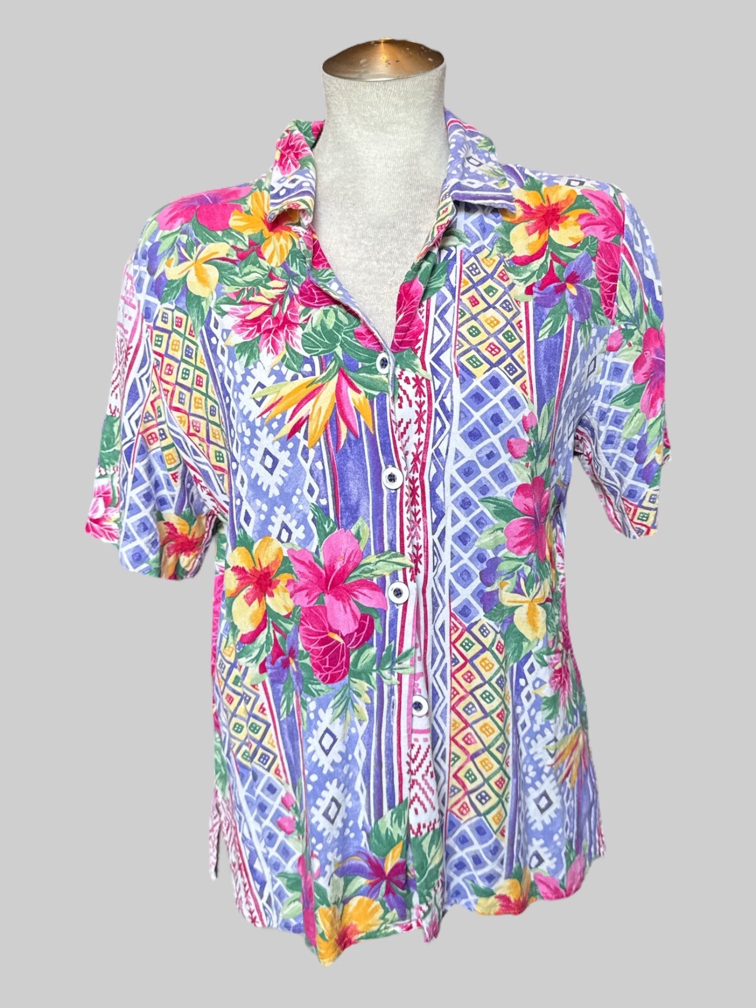 S Vintage button up tropical shirt with multicolor florals and patterns