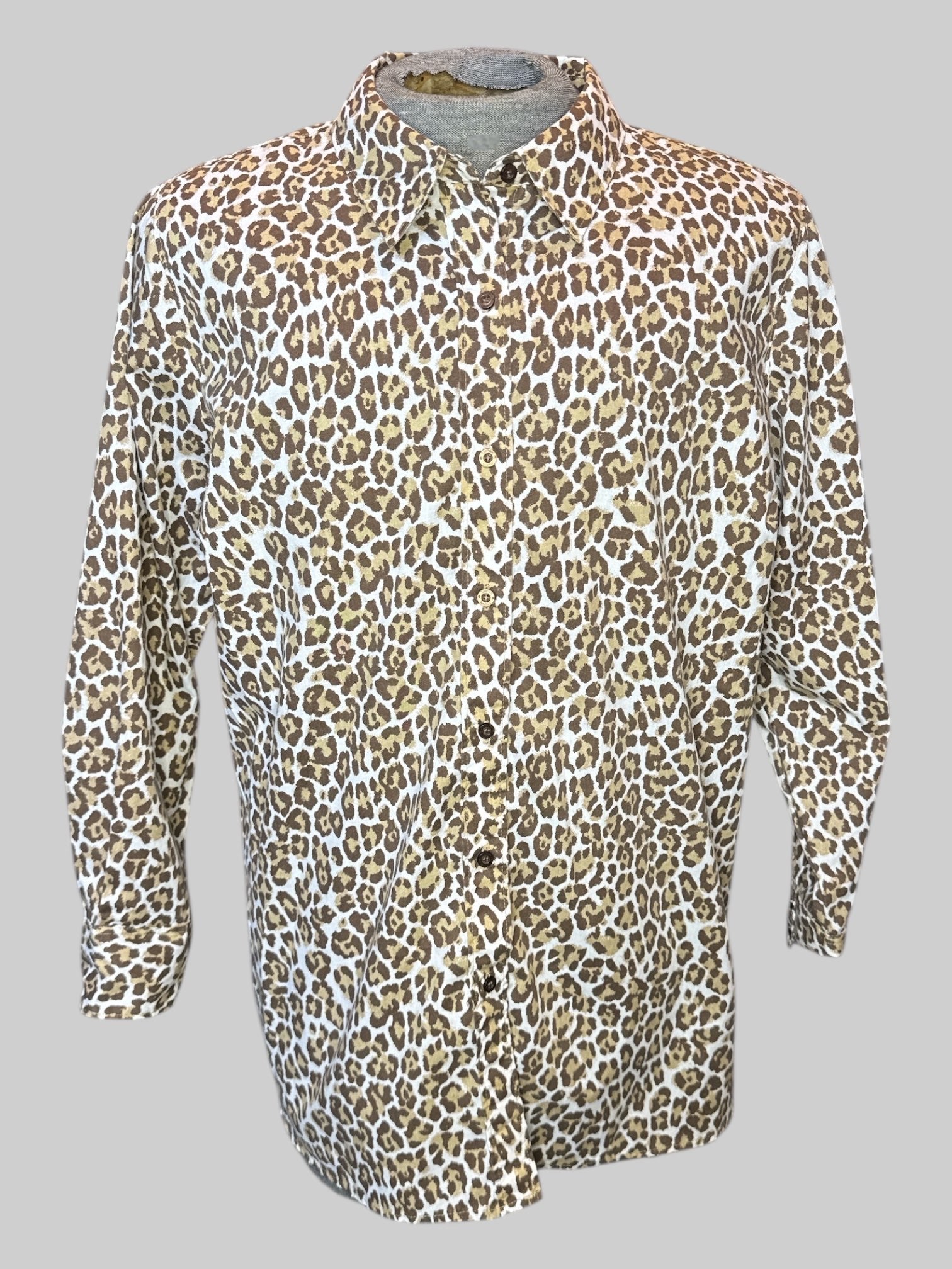 2X White button-down, long sleeve top with leopard print