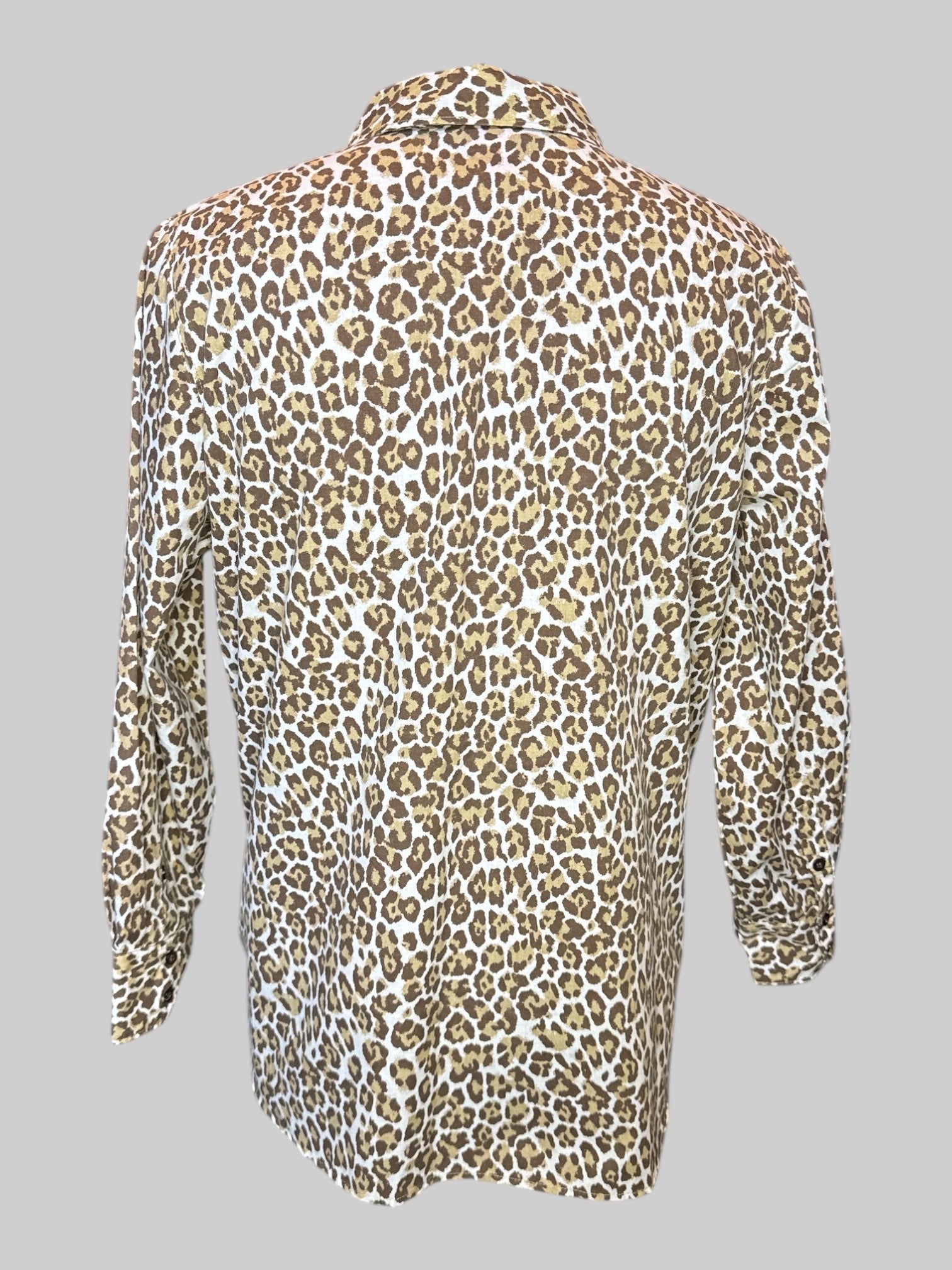 2X White button-down, long sleeve top with leopard print