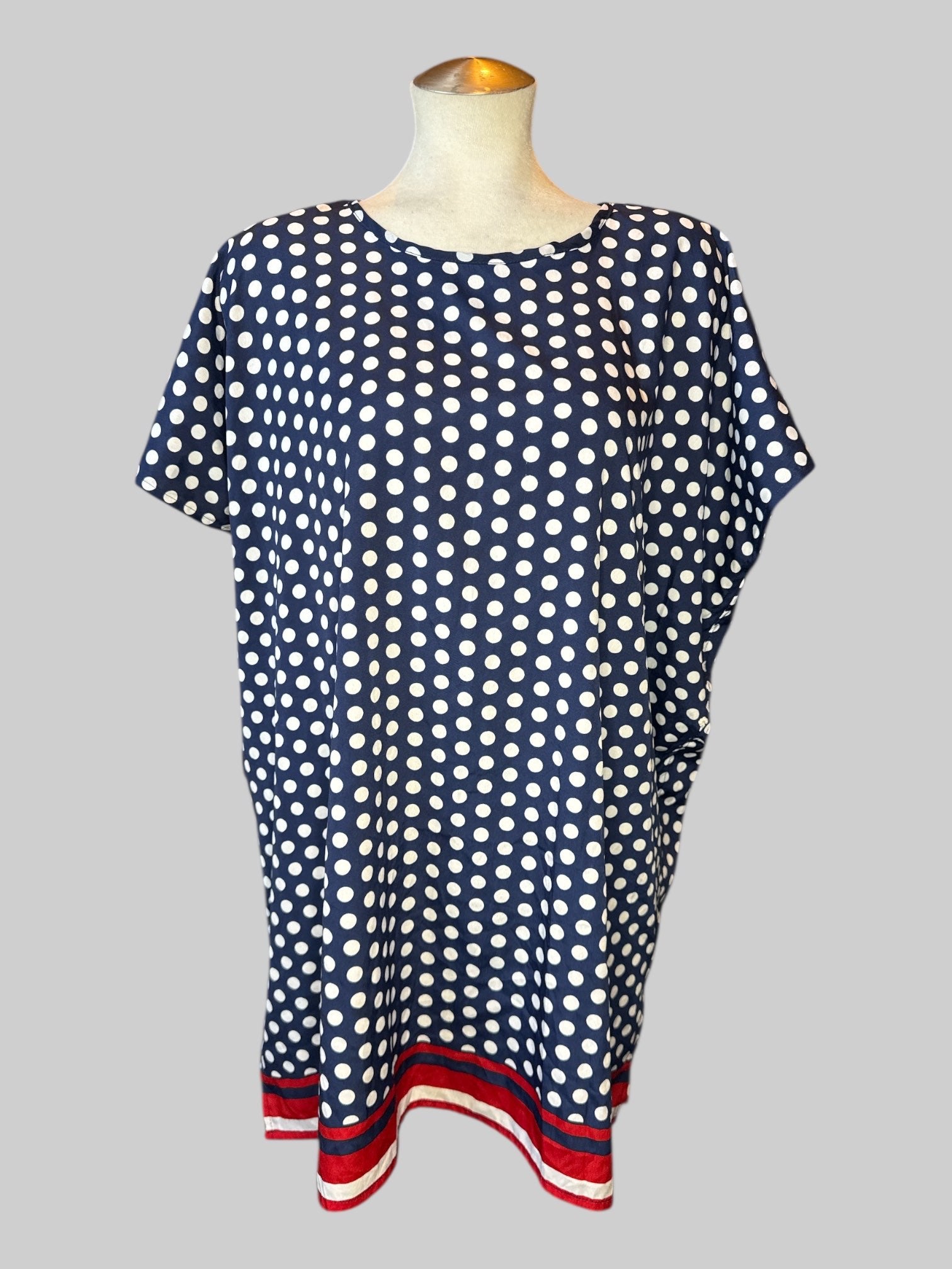 2X Navy blue kaftan with white polkadots and red white and blue stripes on bottom