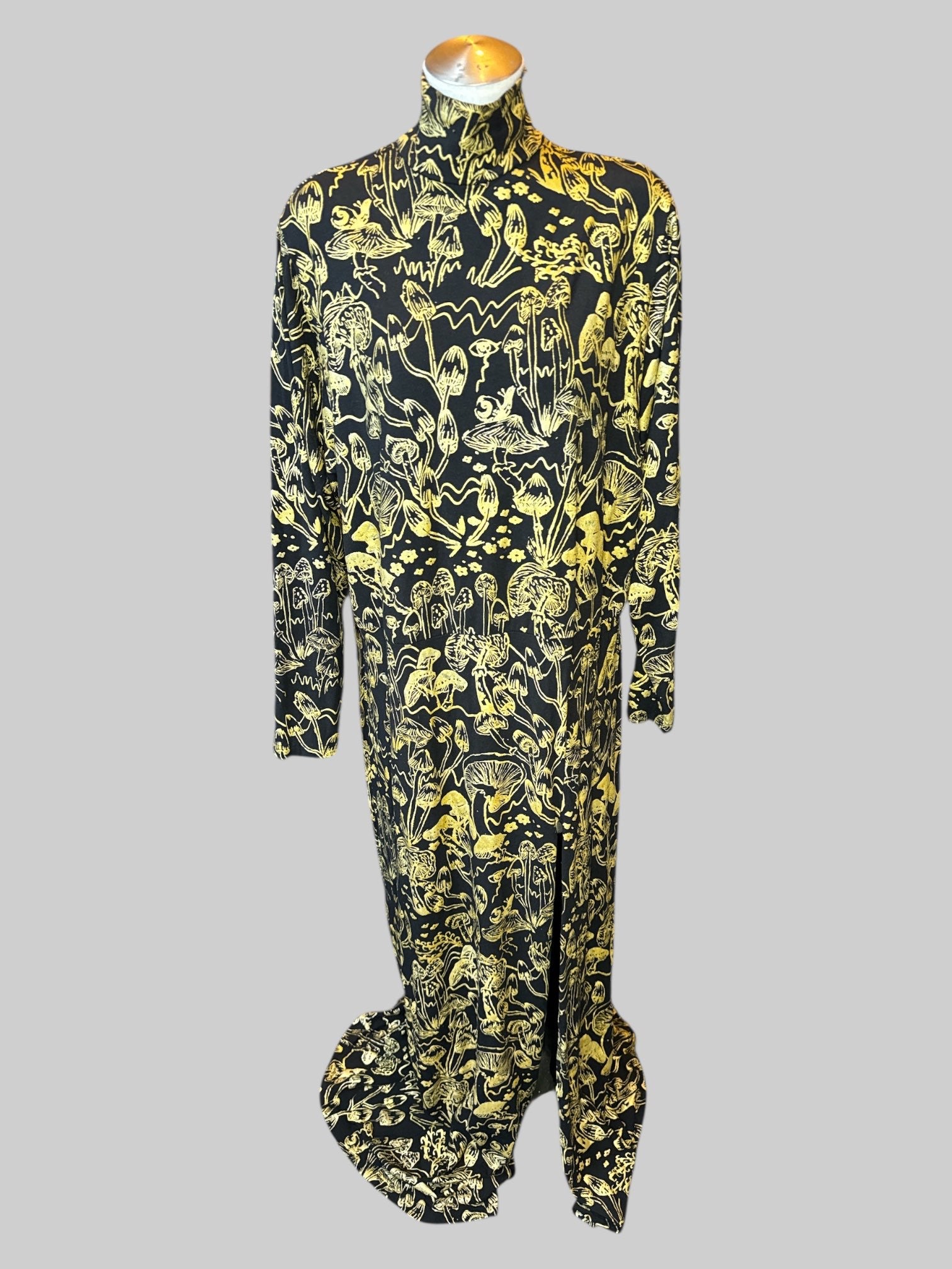 3X “Theif & Bandit” black and gold mushroom print dress with long sleeves, mock neck, and slip on front