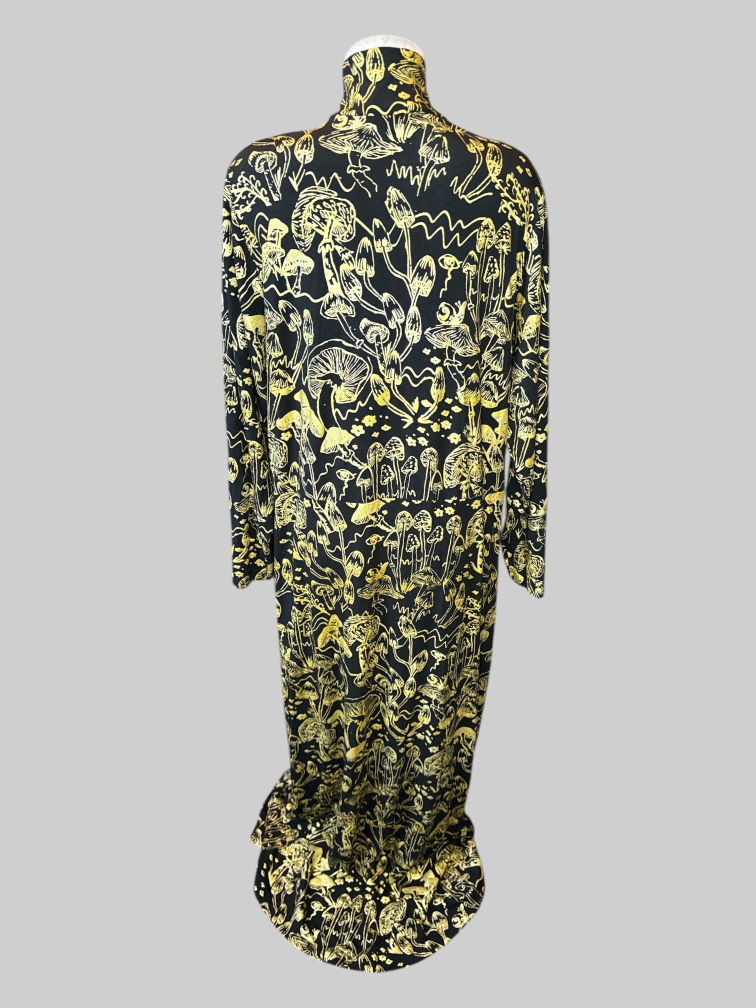 3X “Theif & Bandit” black and gold mushroom print dress with long sleeves, mock neck, and slip on front