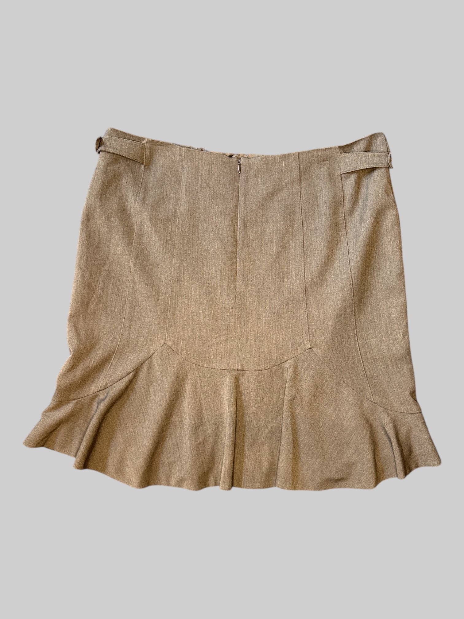 0X Grey skirt with panel design, buttons on side, and zipper on back