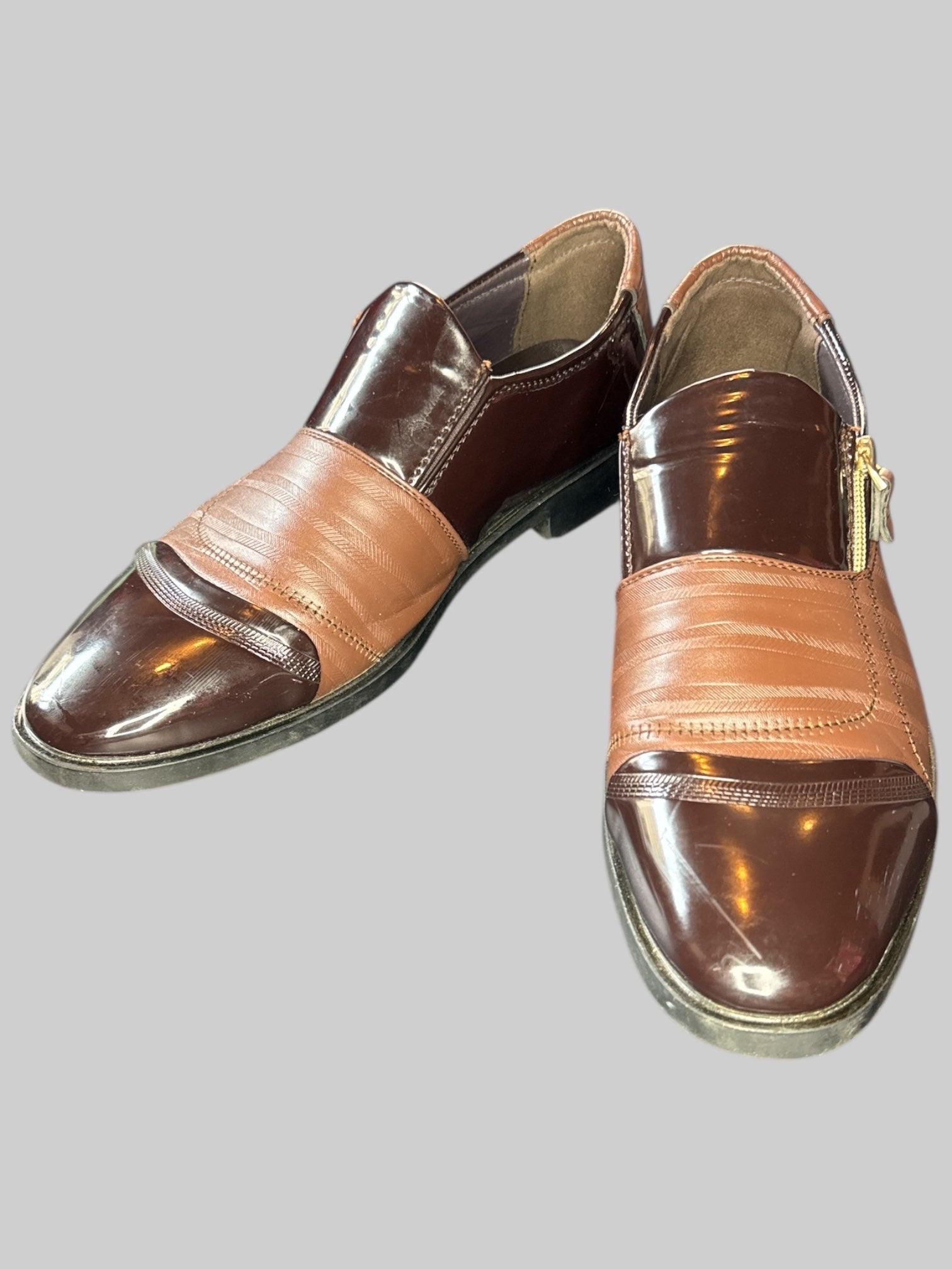 Size 45 (US 11.5 - 12) lightly scuffed brown to tone shoes with gold zipper on sides, and four snake skin design
