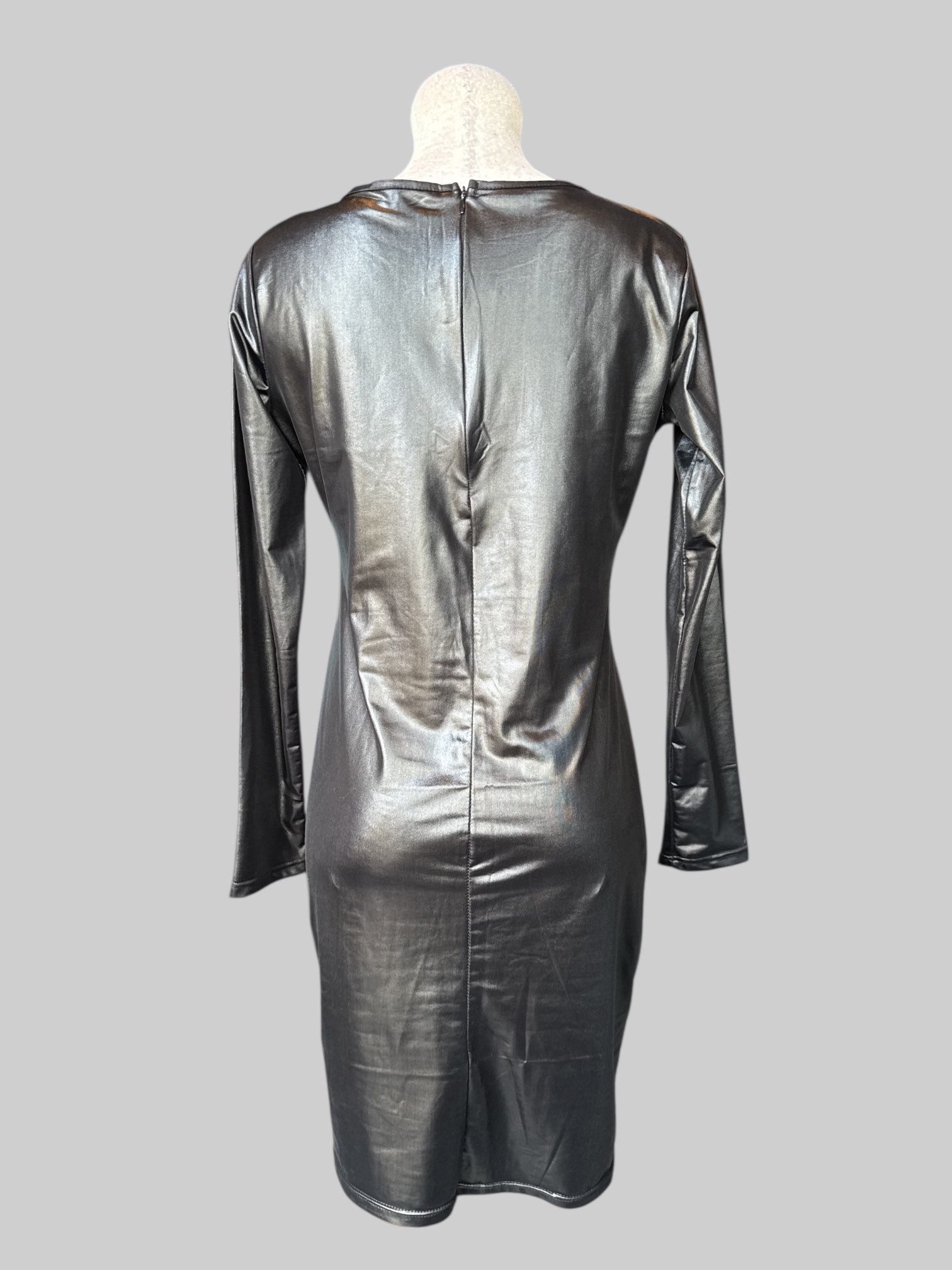 L Black pleather long sleeve dress with zipper on back