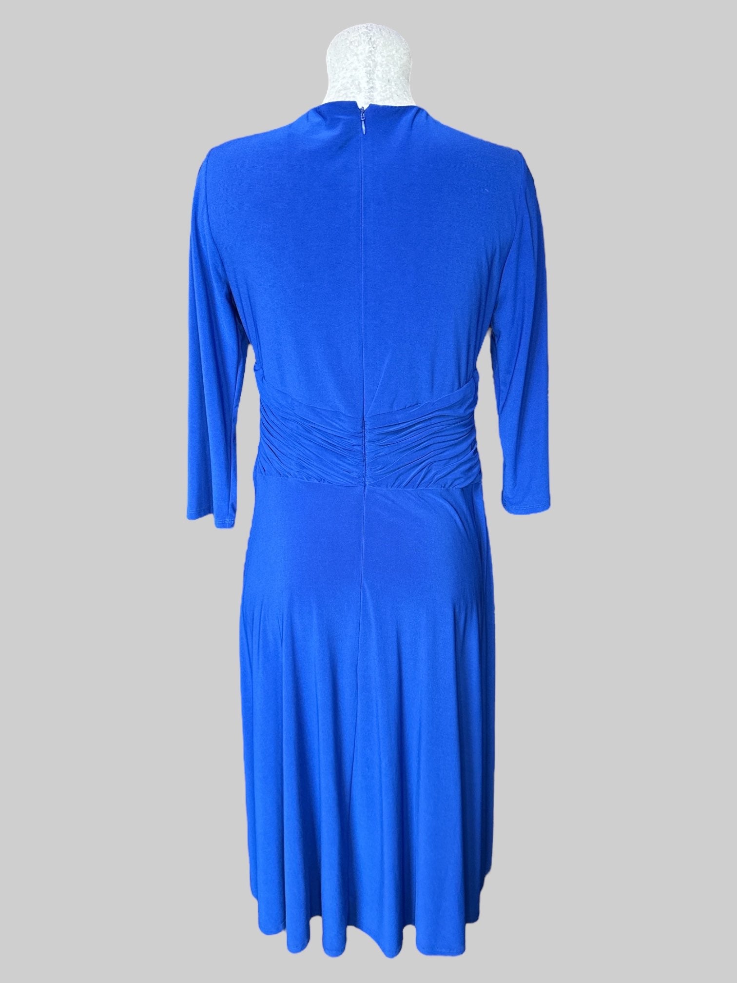 L Blue half sleeved dress with flowy layered design on front, and zipper on back