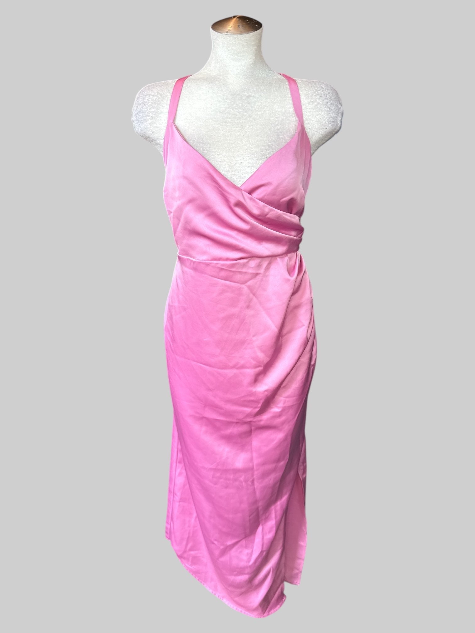 XL Pink satin-like sleeveless dress with faux wrap design, cinching on side, and slit on bottom