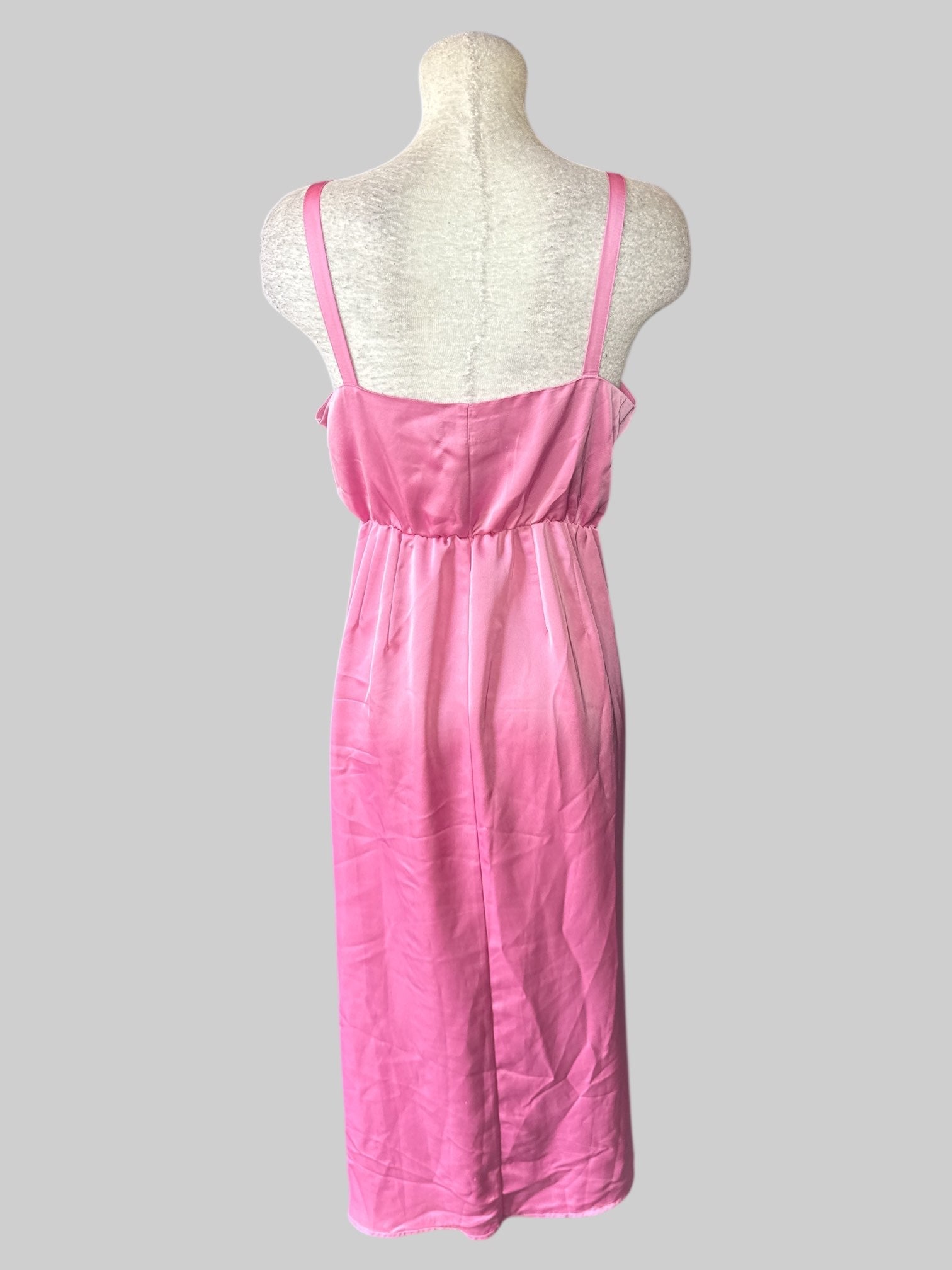 XL Pink satin-like sleeveless dress with faux wrap design, cinching on side, and slit on bottom