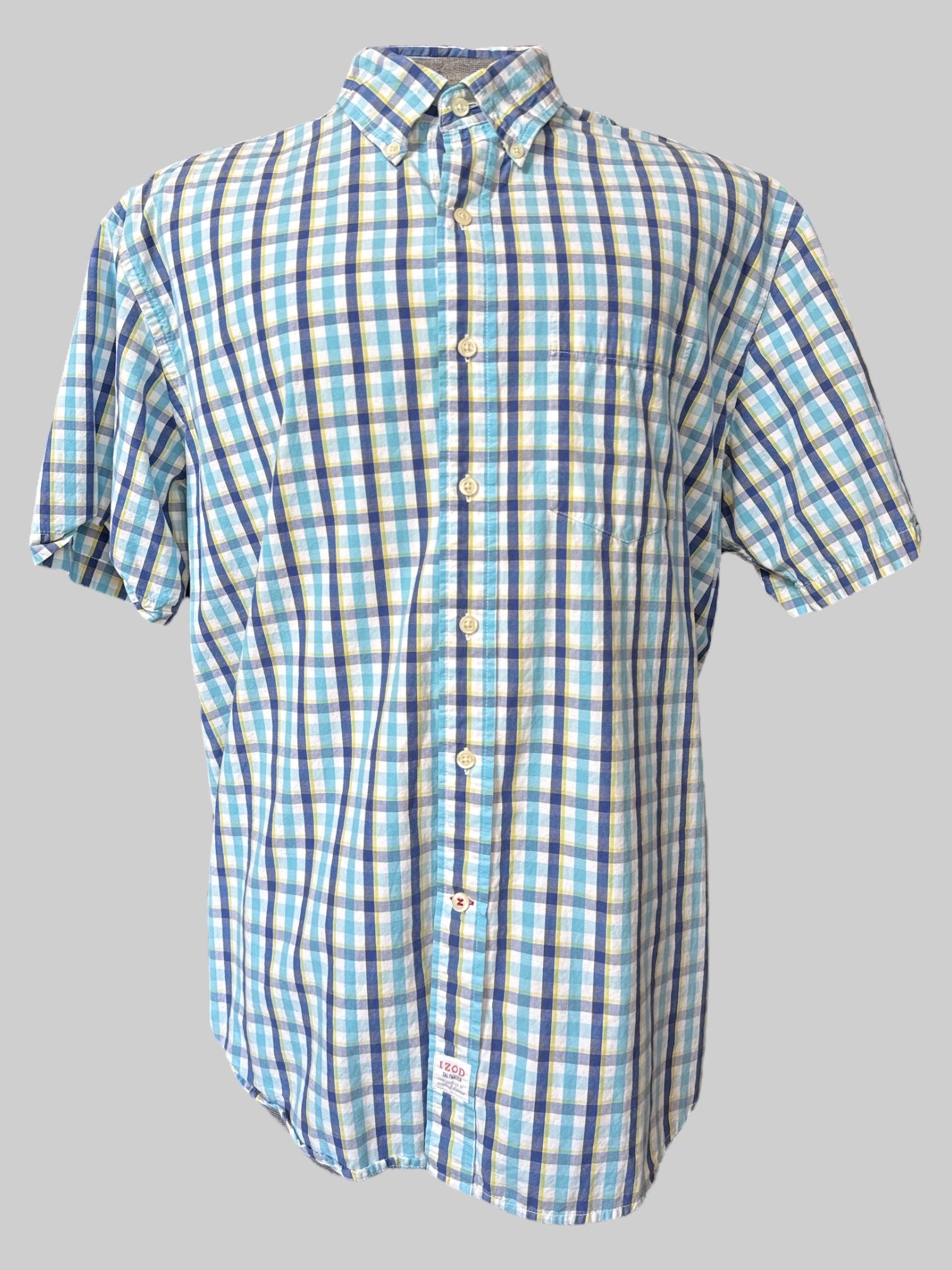 2X White blue and green plaid short sleeve button down top with pocket