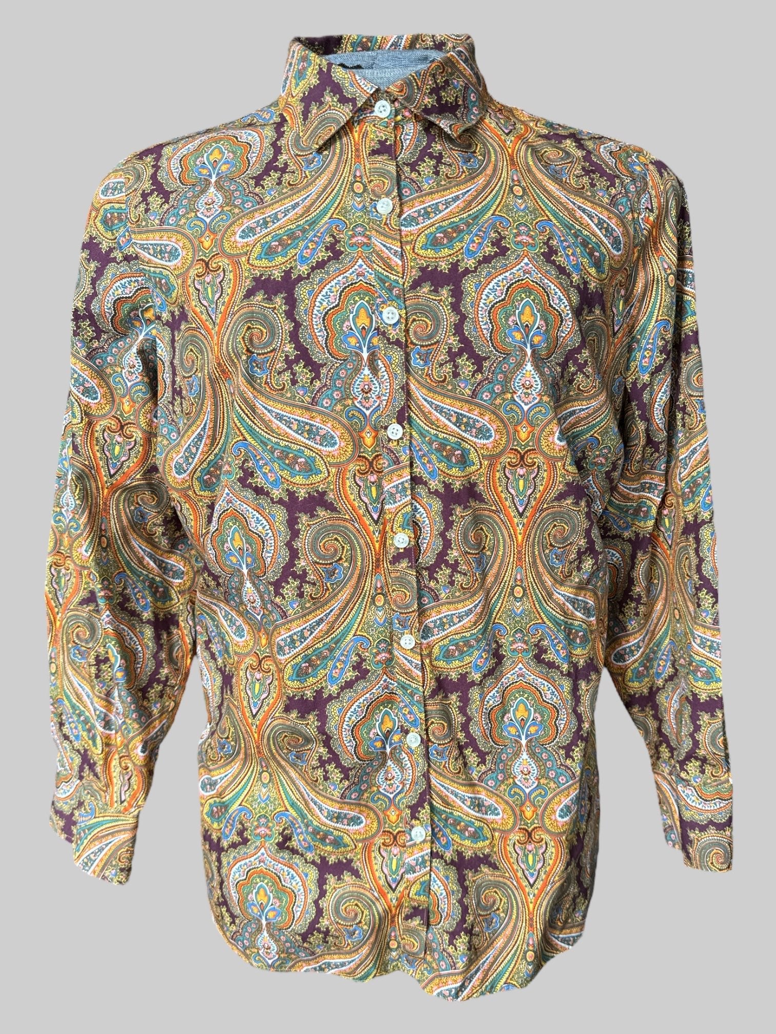 2X Maroon long sleeve button down top with multicolor paisley design