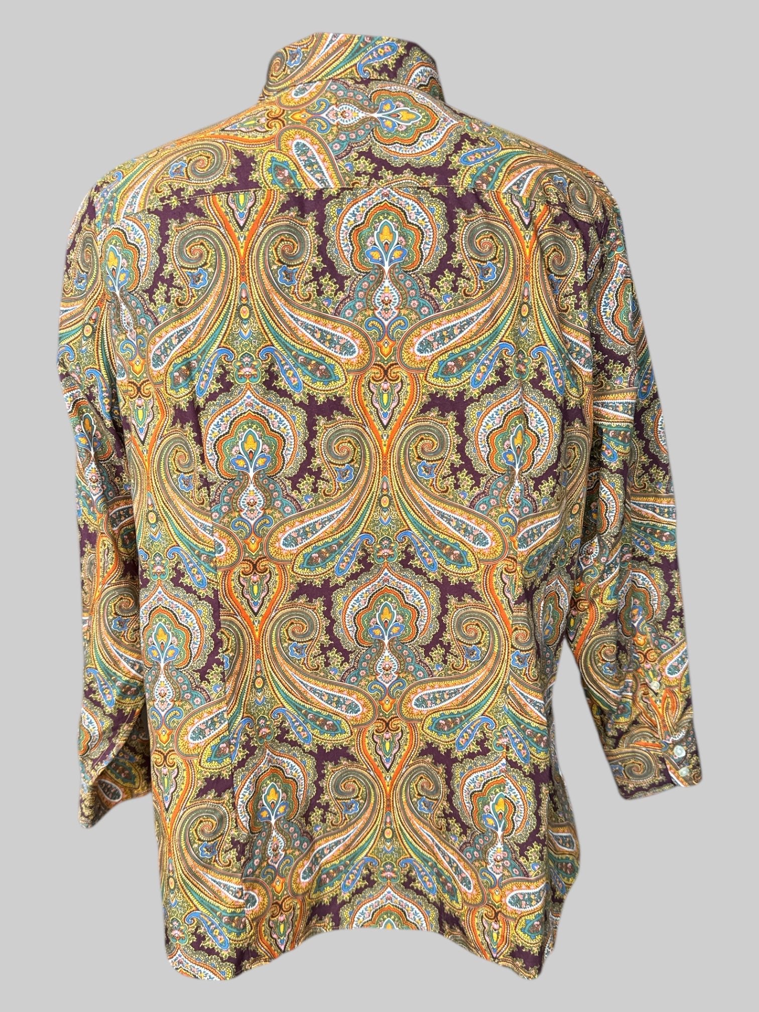 2X Maroon long sleeve button down top with multicolor paisley design