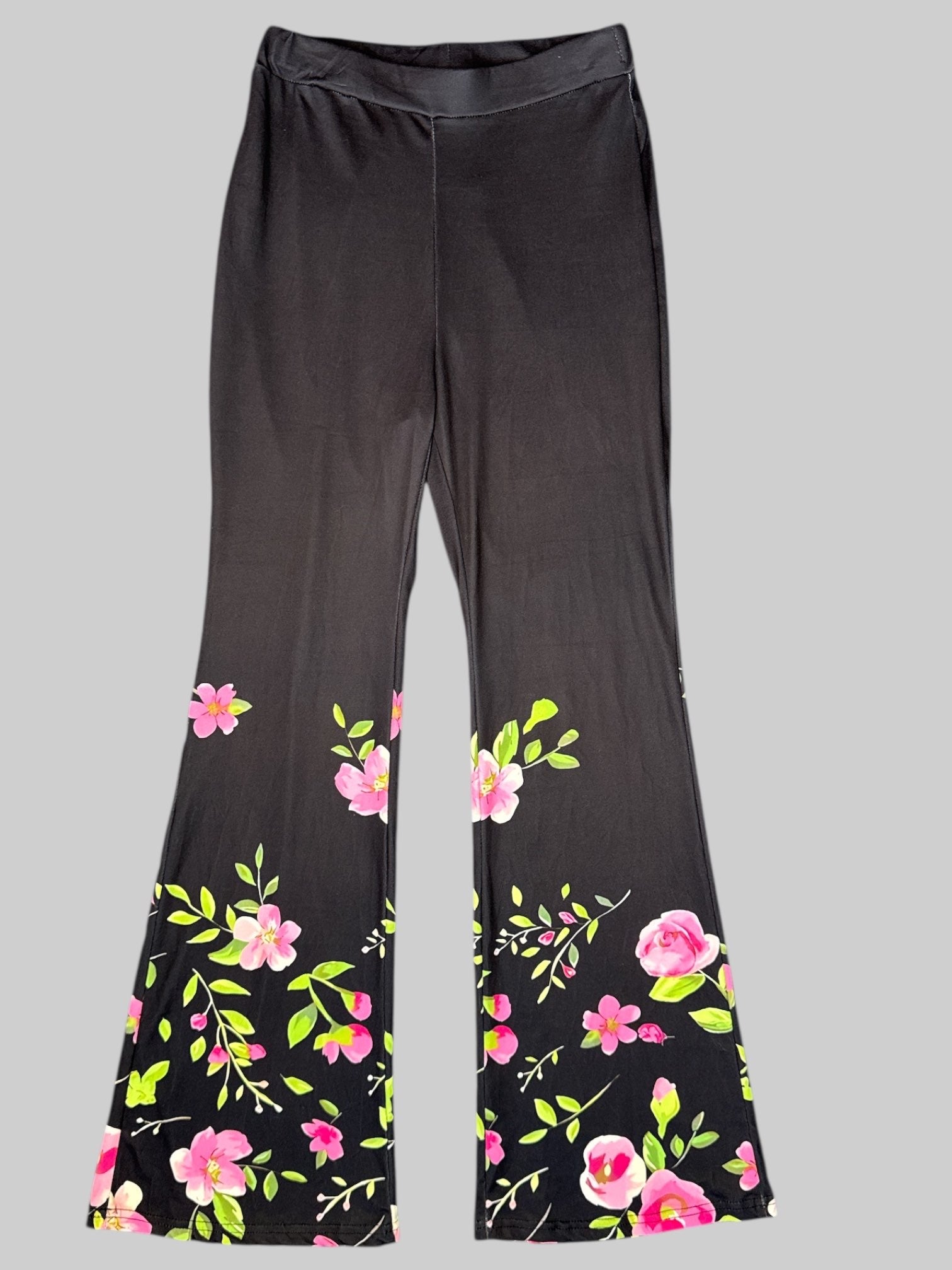 S Black stretchy plants with pink floral design, and flared legs