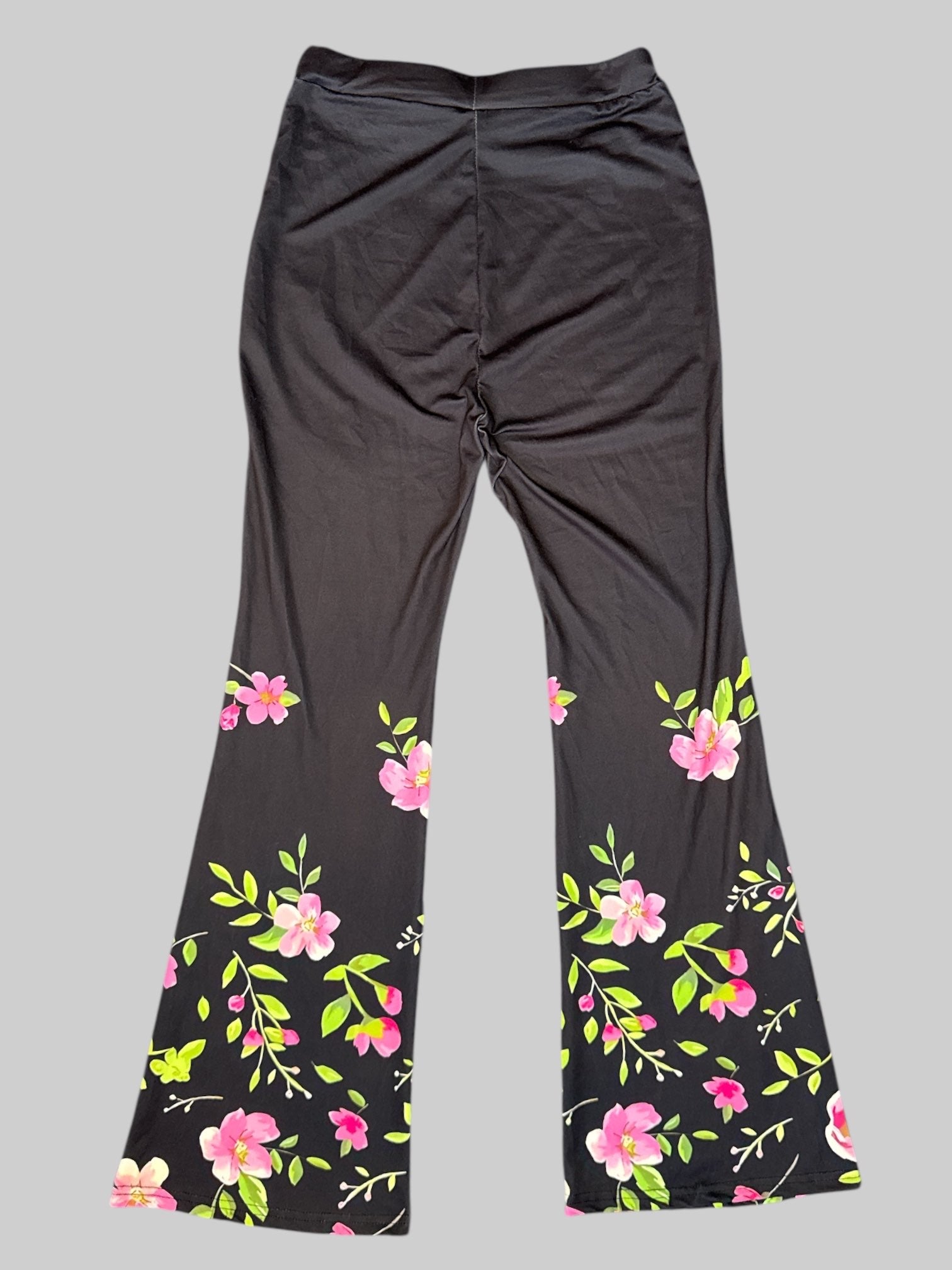 S Black stretchy plants with pink floral design, and flared legs