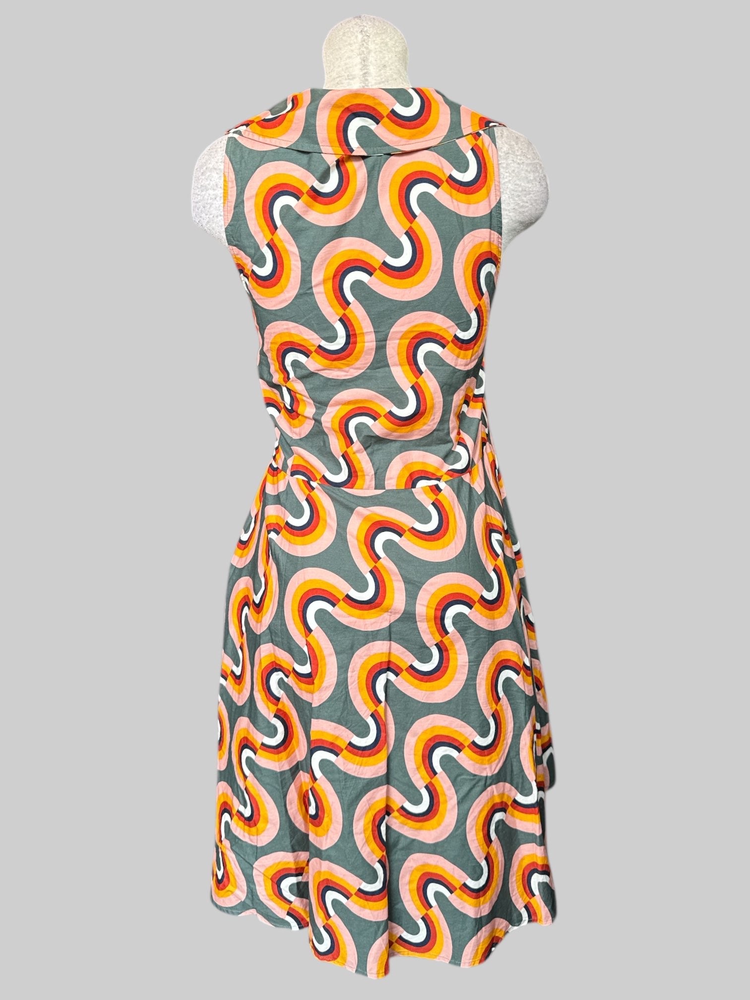 1X ModCloth greenish blue multicolor retro wave pattern dress with collar, faux white buttons, and side zipper