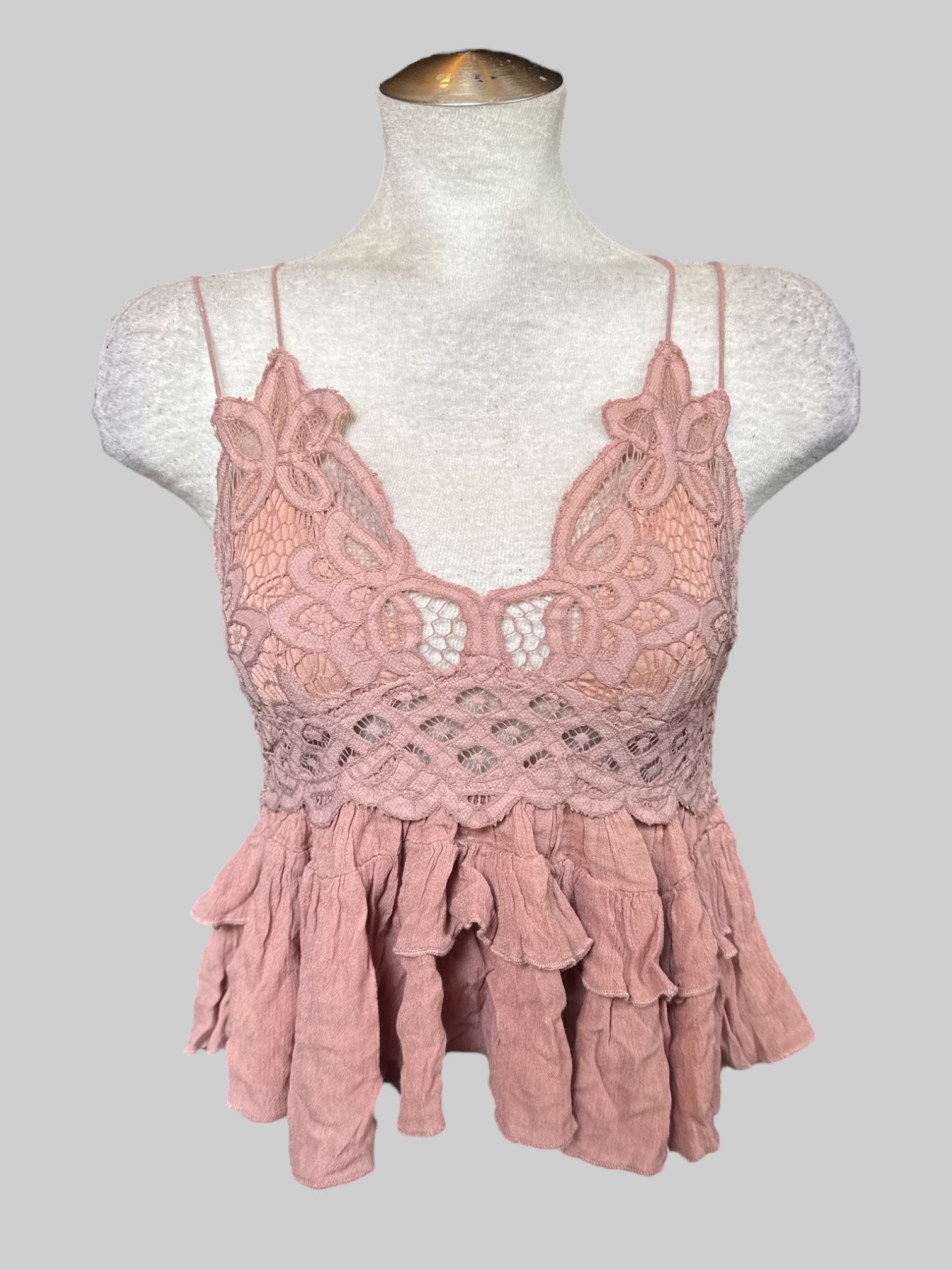 S NWT Free People dusty pink top with cross back, lots of lace, shirred back, and ruffles