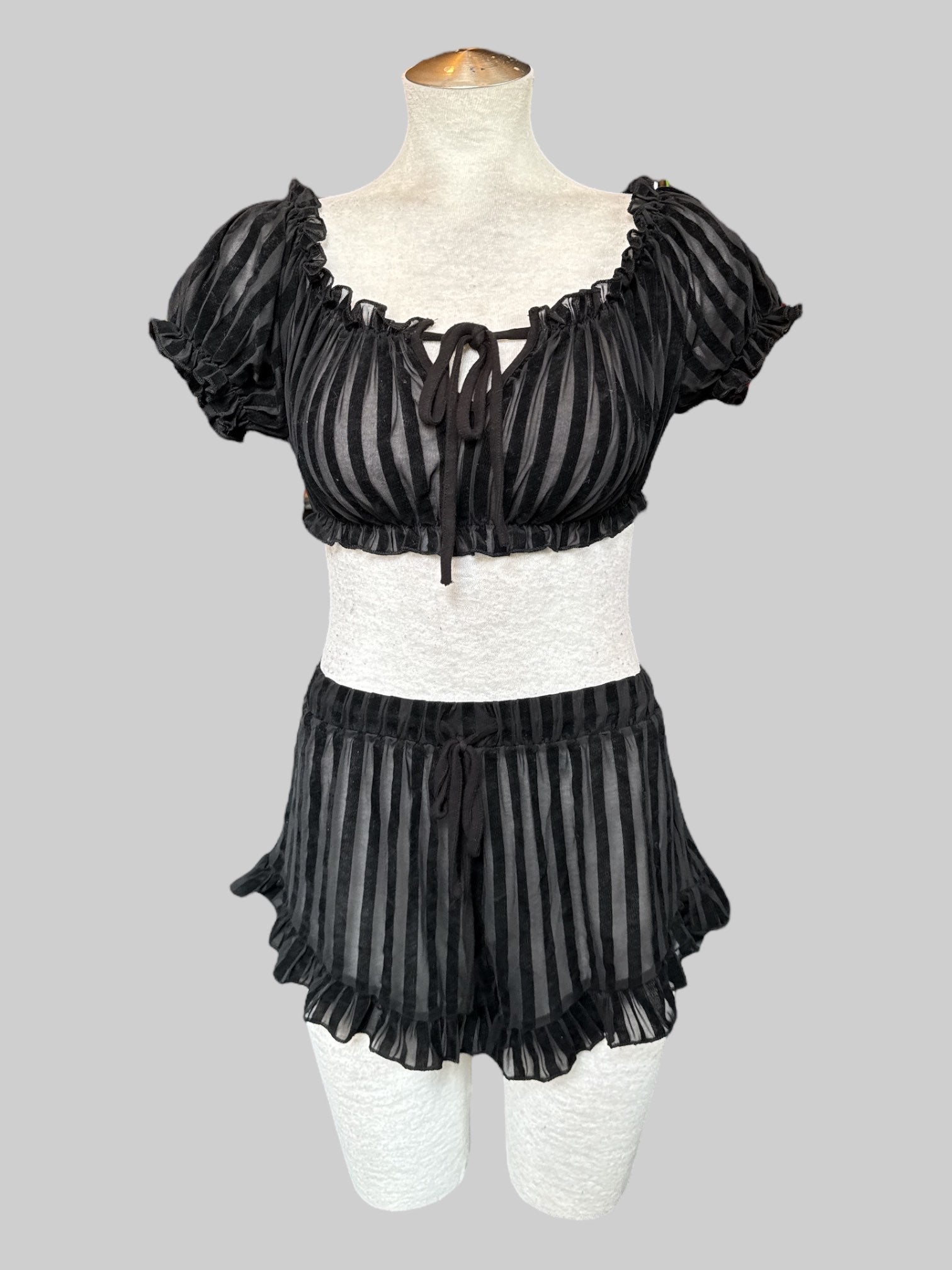 S Sheer black 2 piece Fox Blood set with black velvet and ruffles