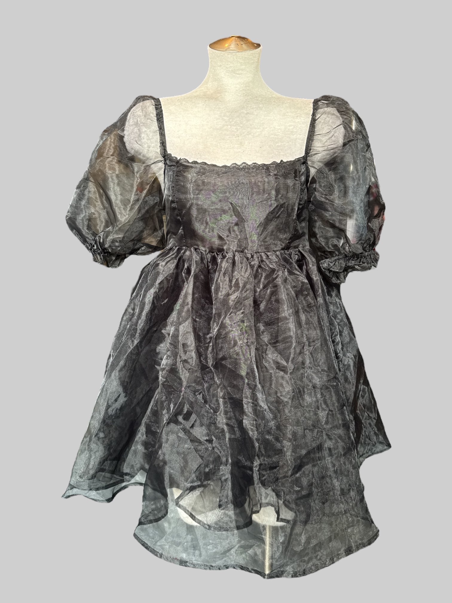 M NWT beautiful black short poofy dress with tule, sheer sleeves, and shirred back