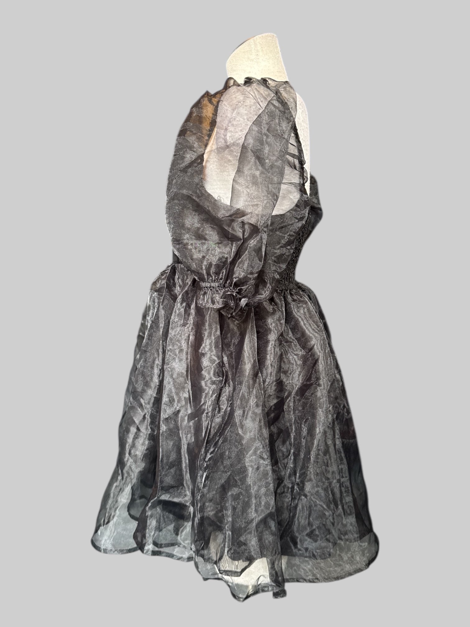 M NWT beautiful black short poofy dress with tule, sheer sleeves, and shirred back
